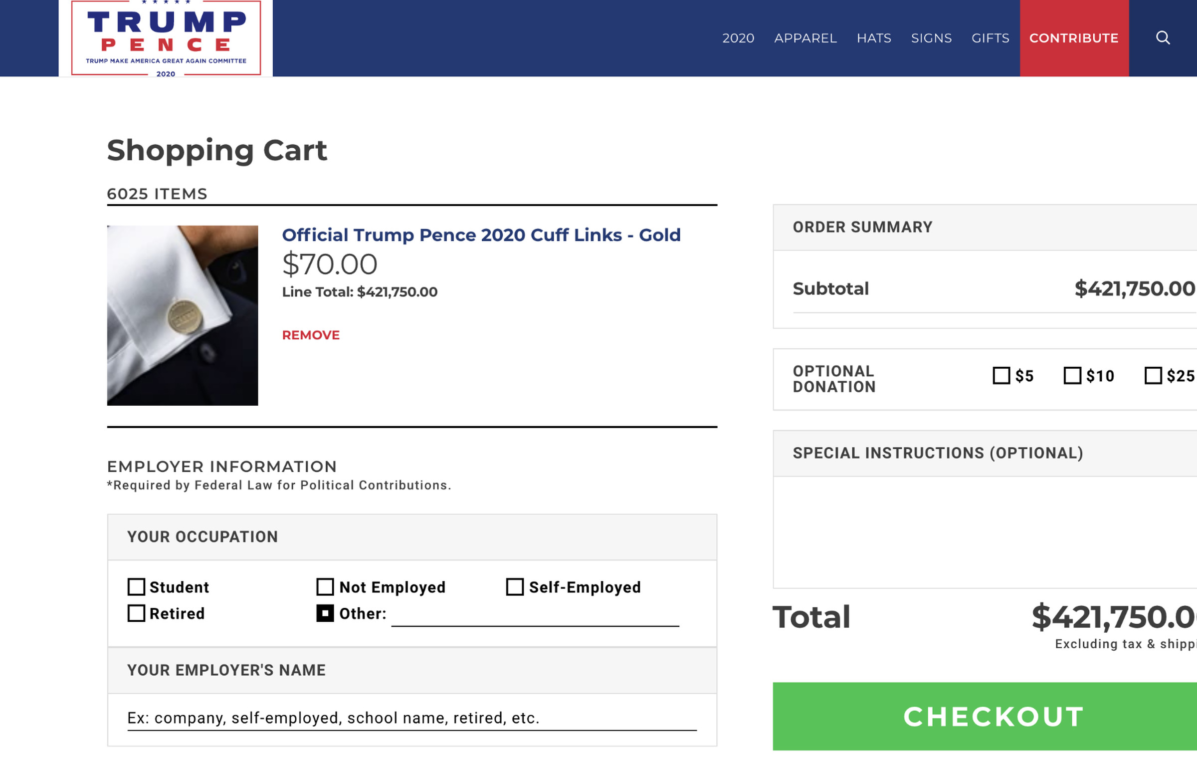 A Trump campaign store cart showing 6025 pairs of cufflinks