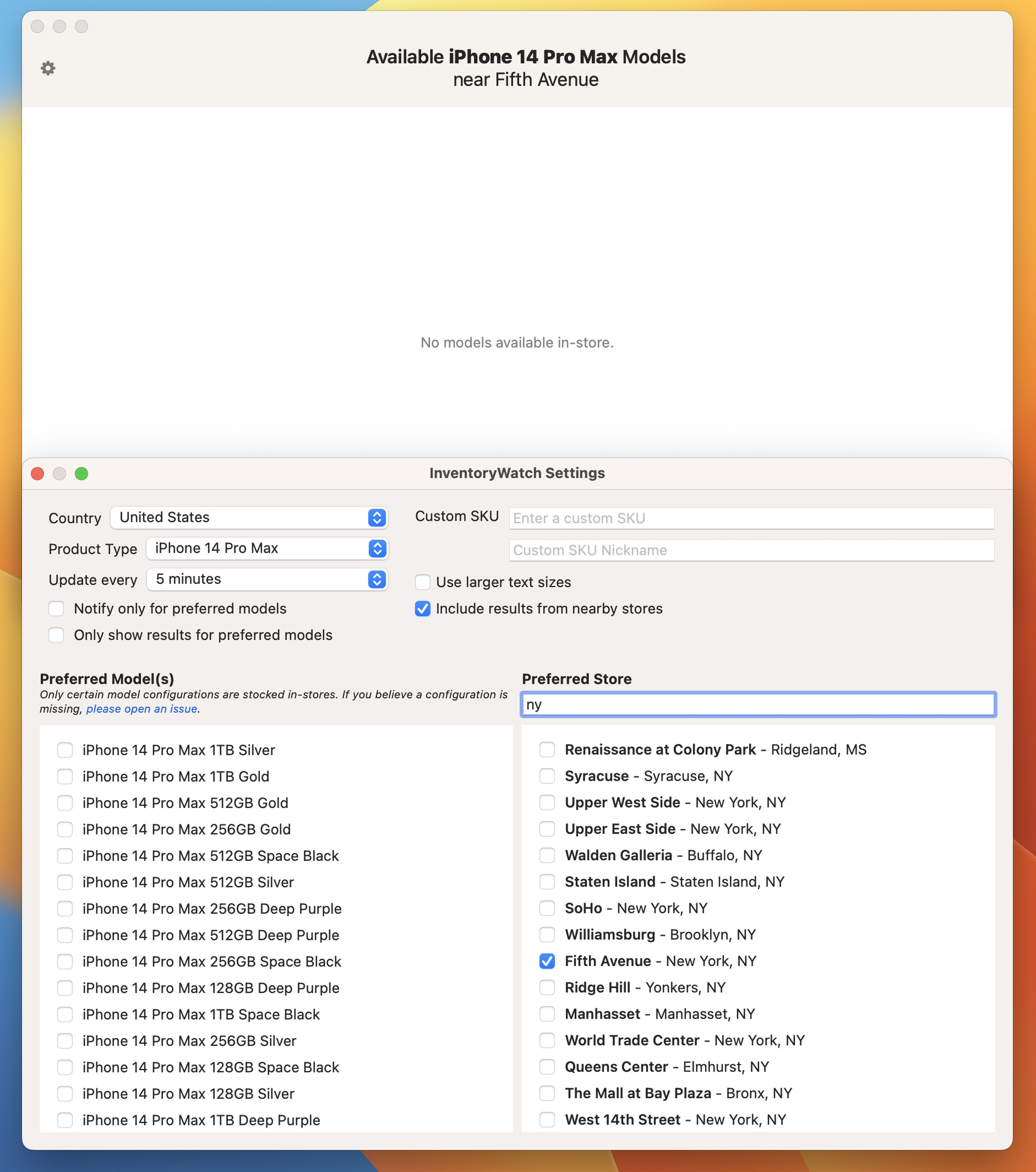 Yerel Apple mağazalarında iPhone stokunu bulmak için bir Mac uygulaması olan InventoryWatch'ın ekran görüntüsü.