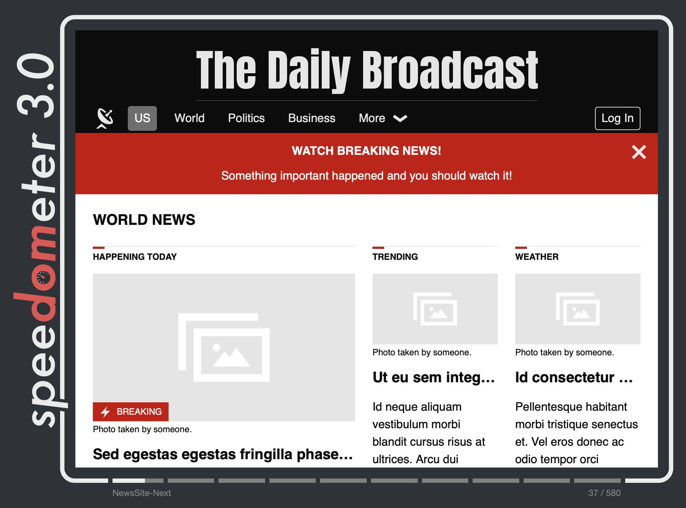 Screenshot of Speedometer 3.0 browser benchmark showing a simulated news site titled The Daily Broadcast, with placeholder text articles and blank spaces for images.