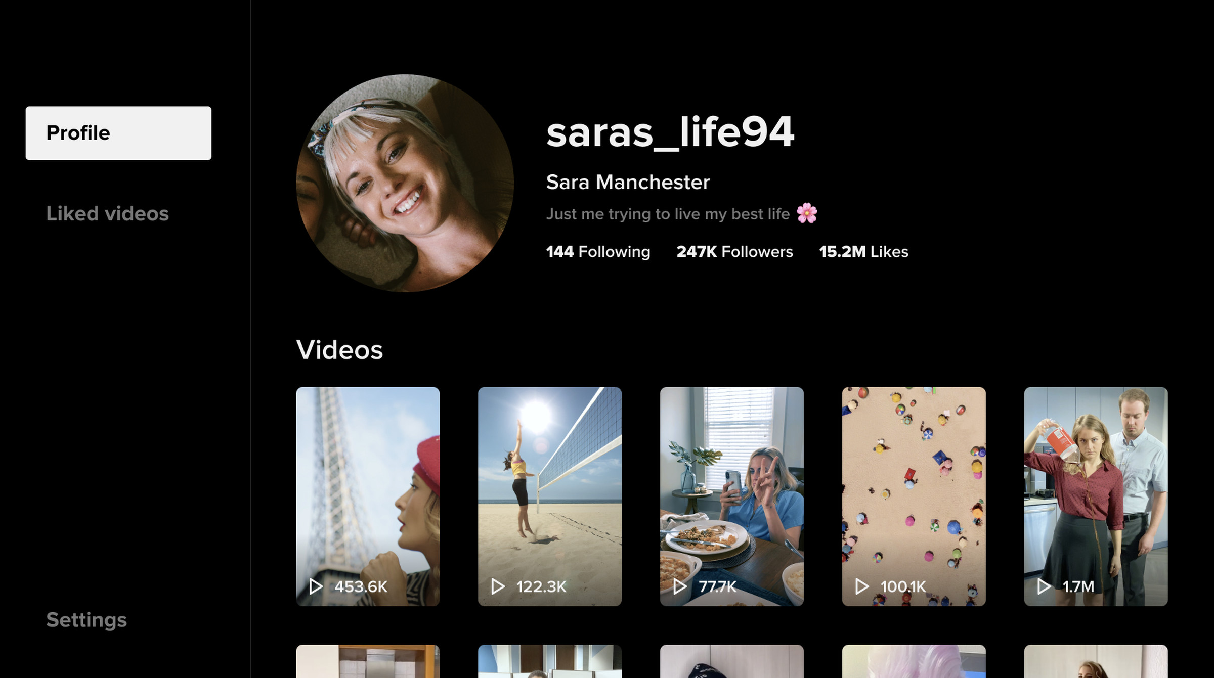 The Profile section of the Android TV TikTok app.