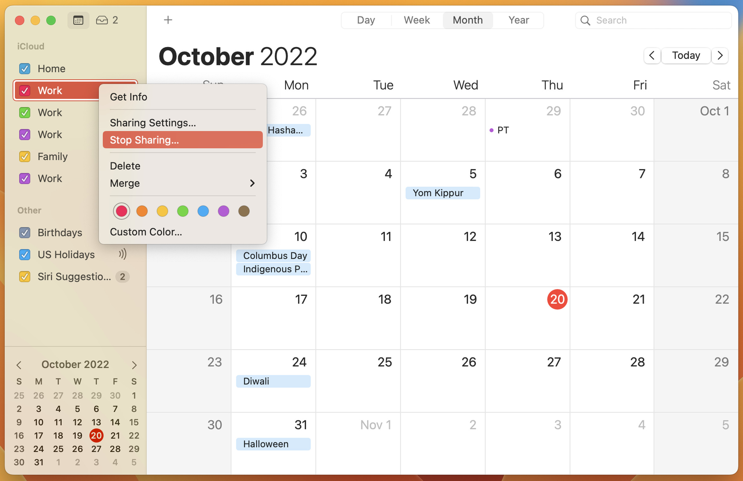 A screenshot of the Calendar app in macOS with Stop Sharing highlighted next to a calendar option.