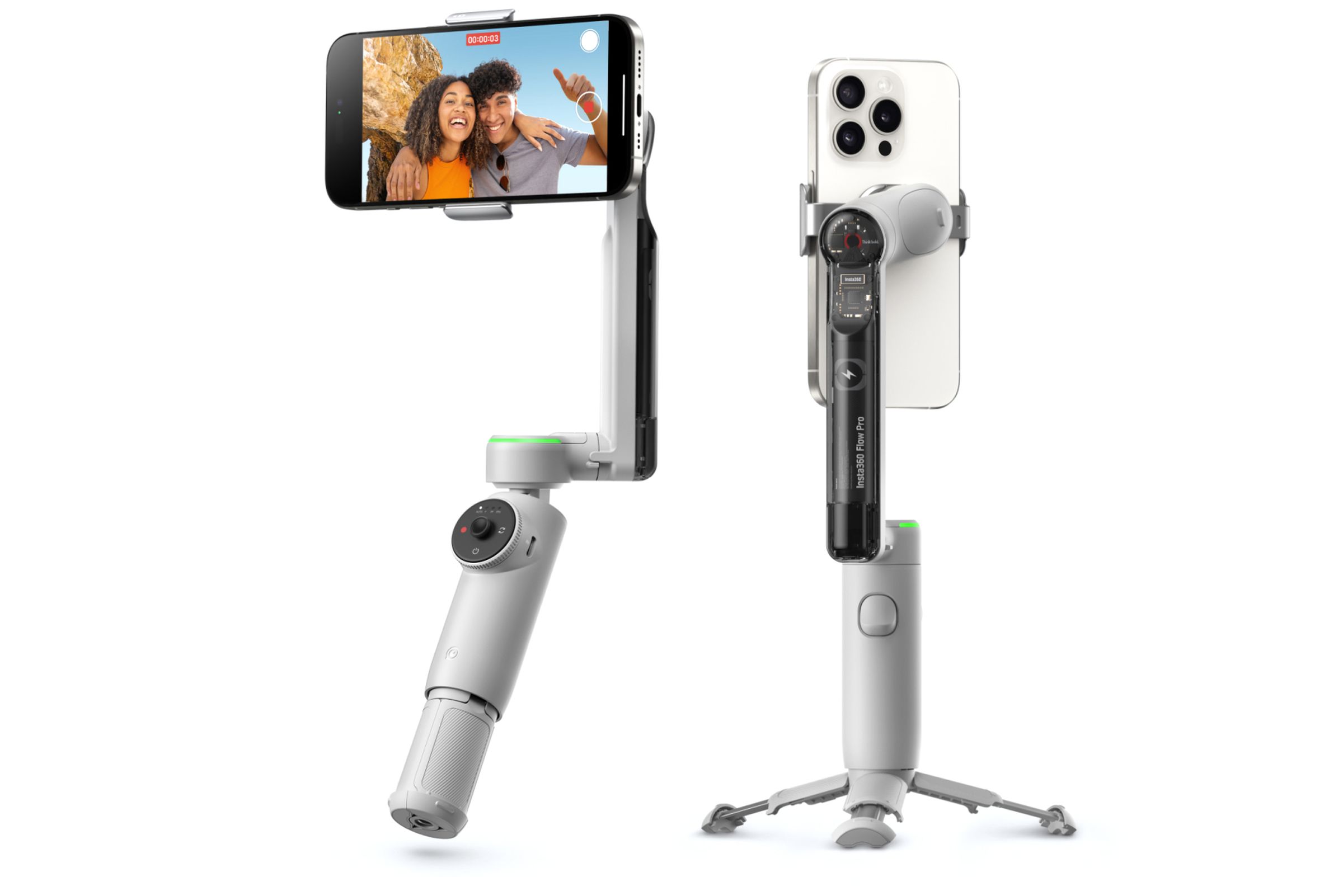 The front and back of the Insta360 Flow Pro with a smartphone attached.