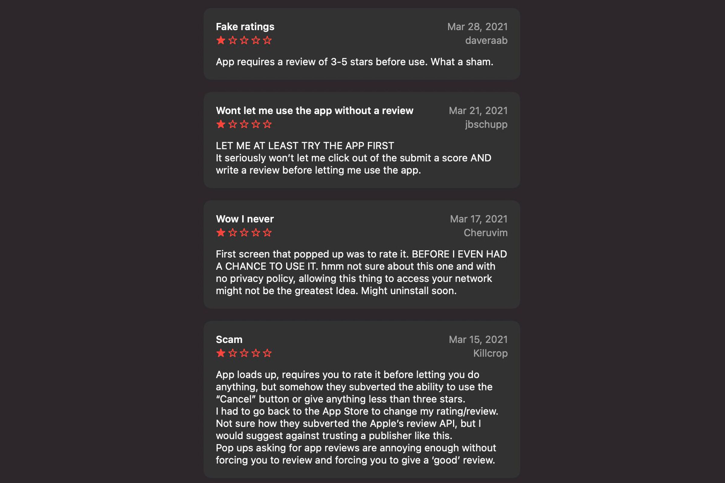 A selection of app reviews detailing the scammy behavior.
