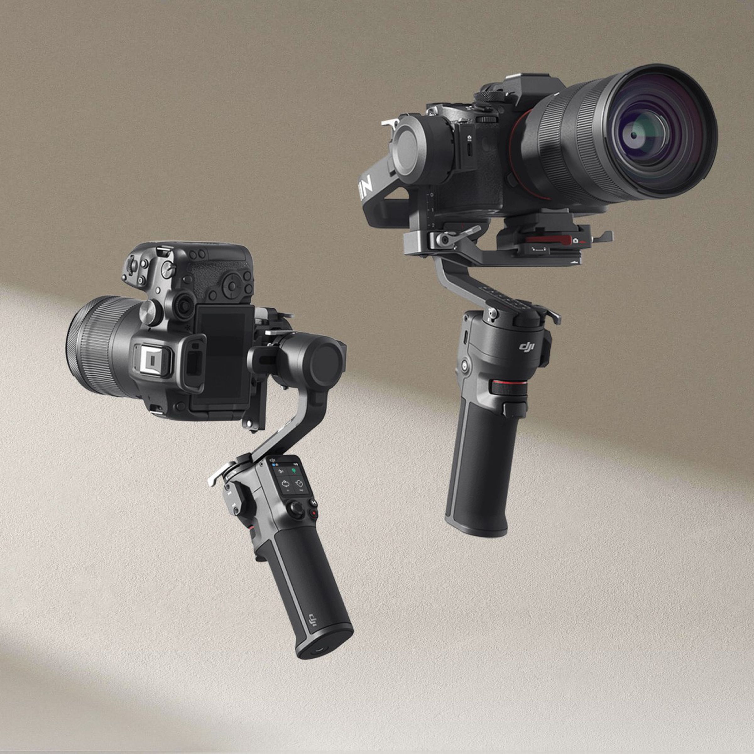 Two models of the DJI RS 3 Mini equipped with DSLR cameras against a beige backdrop.