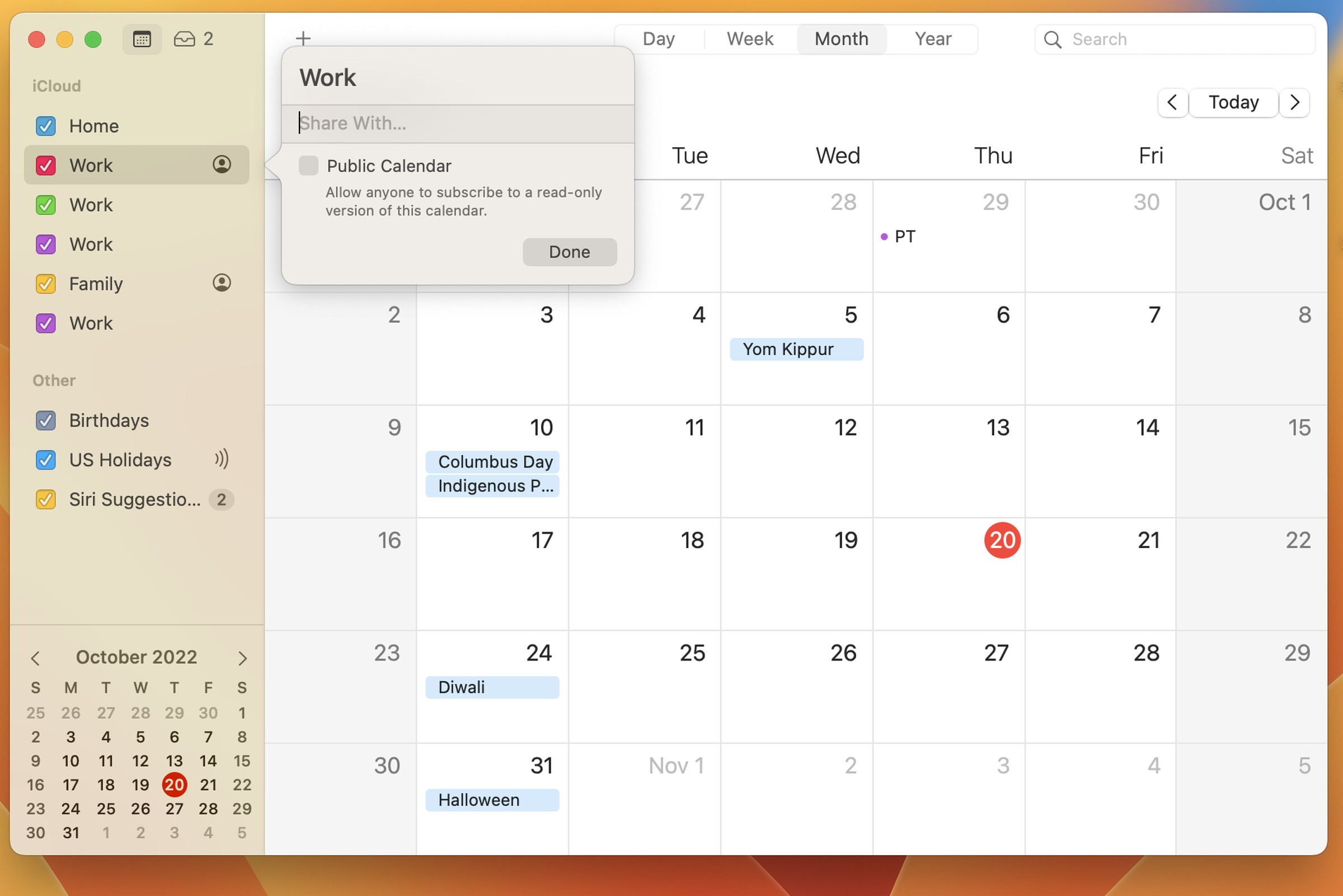 A screenshot of the Calendar app on Mac with the Sharing Settings menu open.