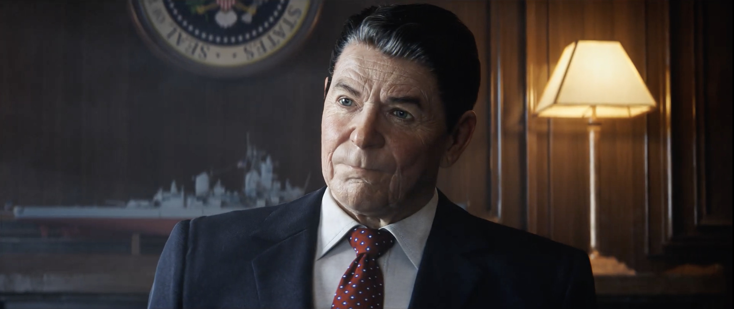 Here is real-life President Ronald Reagan, now a Call of Duty character who absolves the player of potential war crimes by telling them they’re going to save the world. 