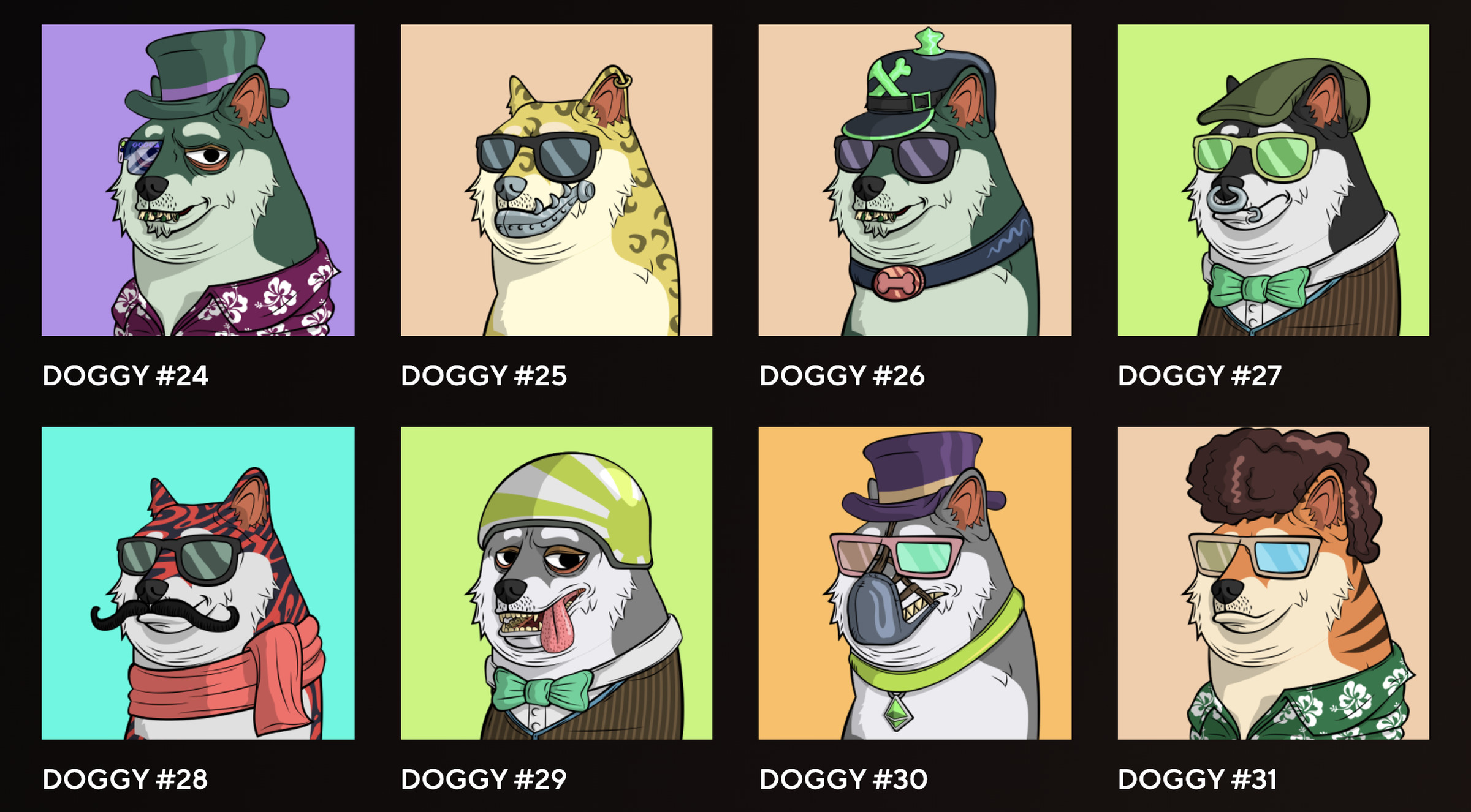 Eight dogs wearing different accessories. One has a monocle, others have sunglasses, one has a bowtie.
