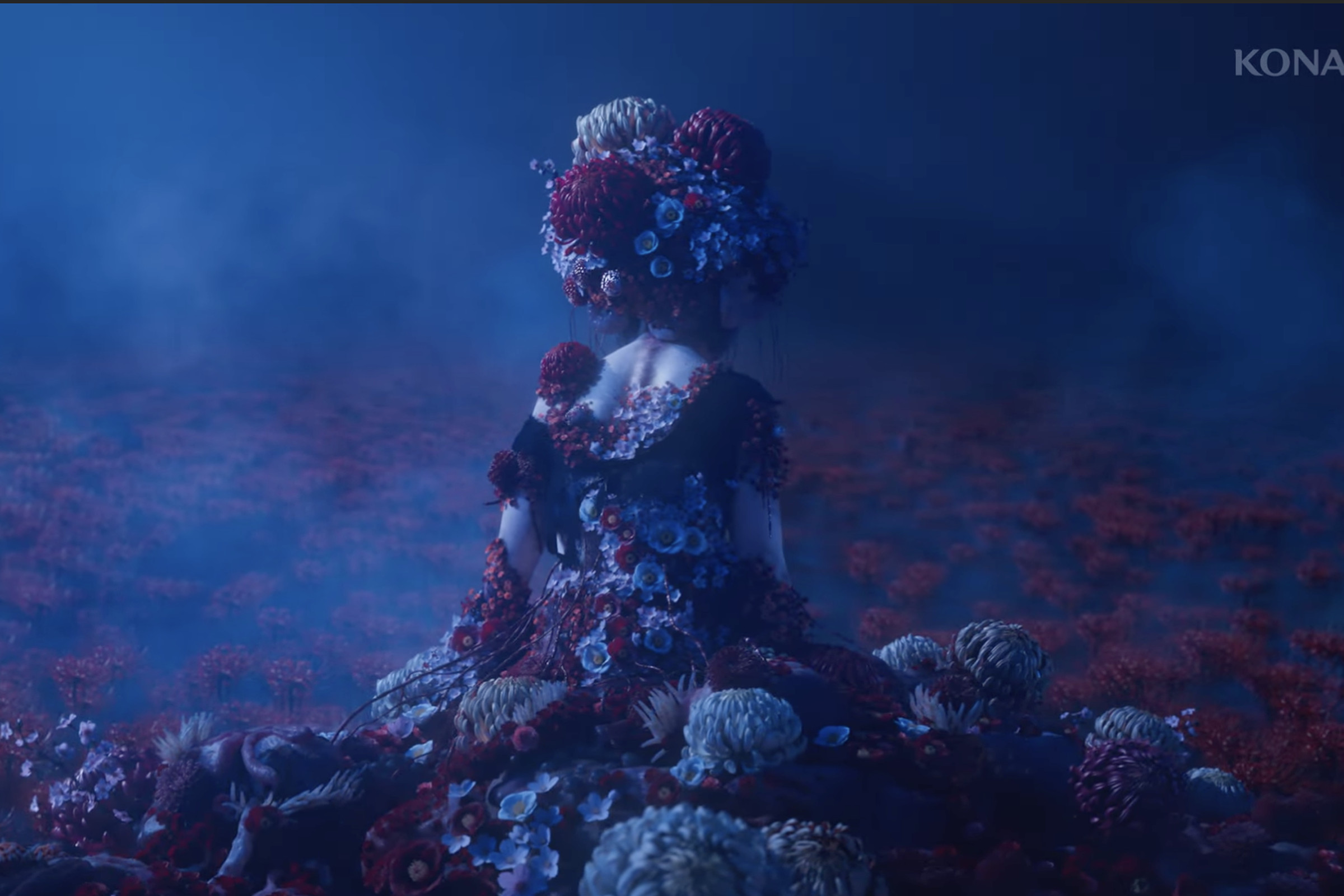 Screenshot from Silent Hill F trailer featuring a girl covered in flowers and fungi growing from her body