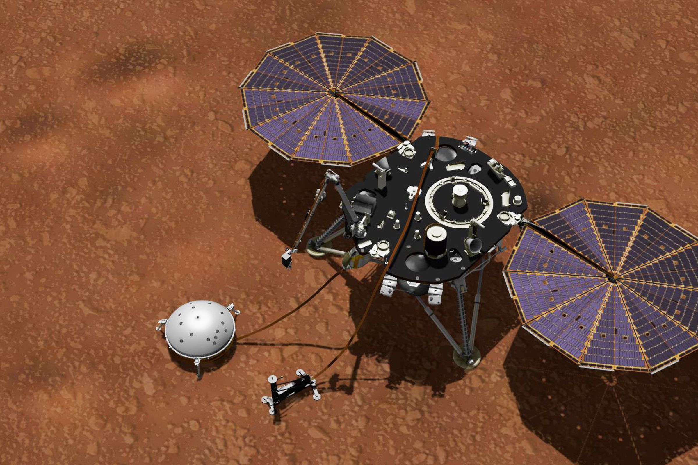 A lander sits on the orangish surface of Mars.