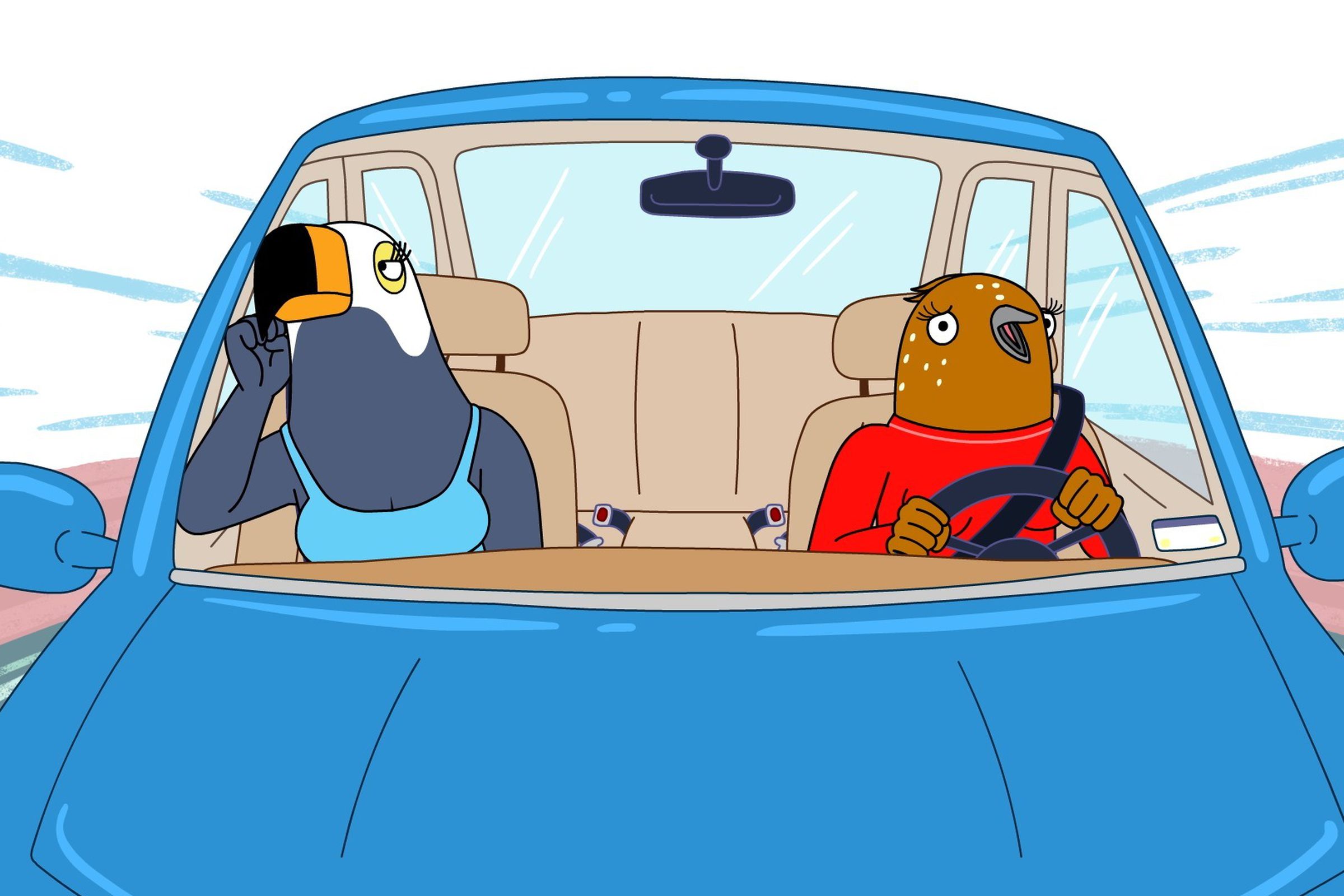 A miffed, anthropomorphized toucan woman sitting in the passenger seat of car being driven by an anthropomorphized song thrush woman.