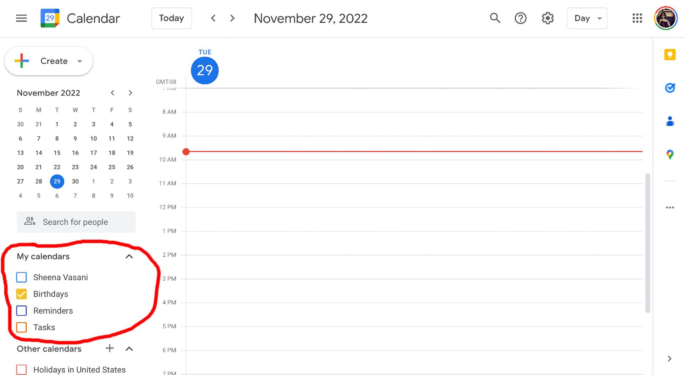 A screenshot of Google Calendar with a circle around the “My calendars” section to the left and a calendar selected.