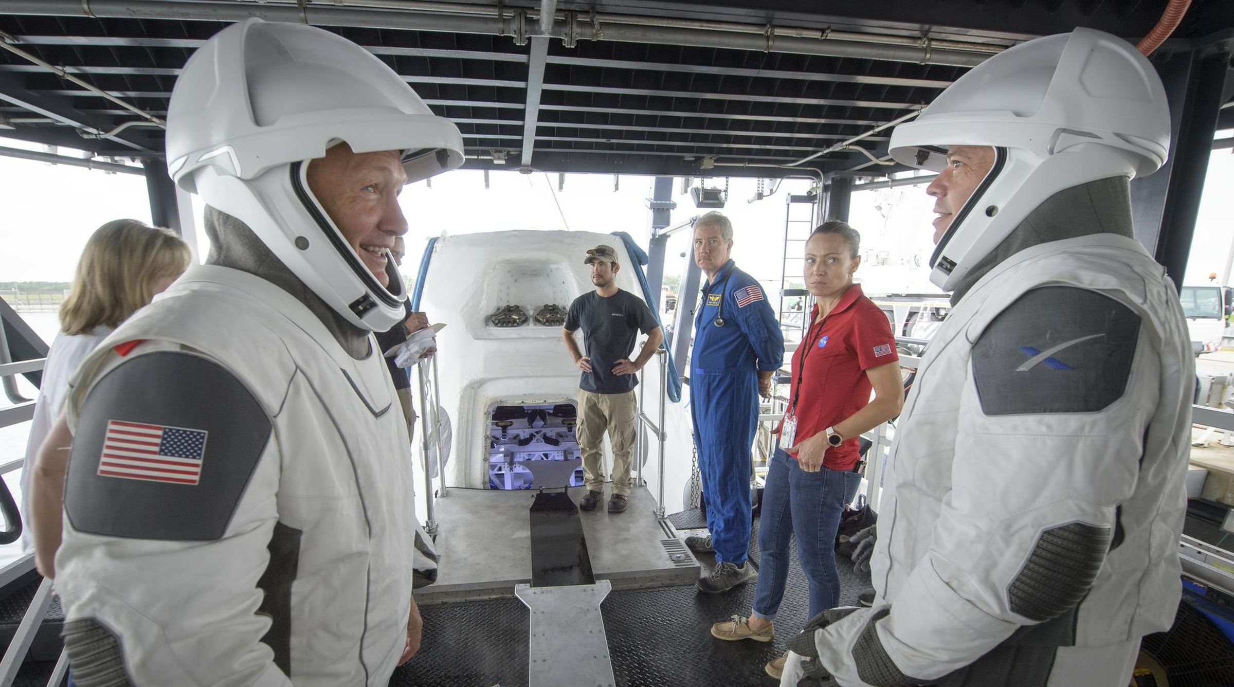 NASA astronauts Doug Hurley (L) and Bob Behnken (R) training ahead of the SpaceX launch