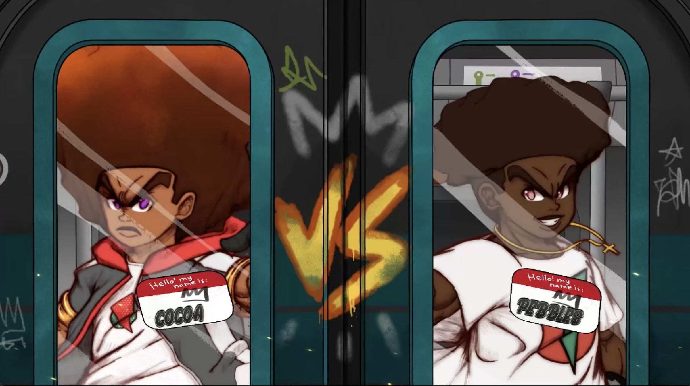 Screenshot from 5 Force Fighters featuring the match up screen between brothers Cocoa and Pebbles