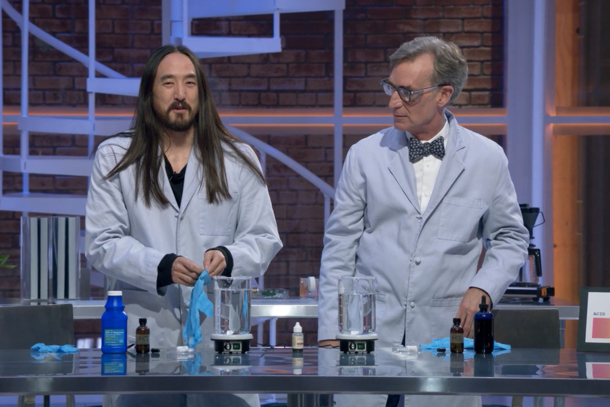 Steve Aoki and Bill Nye experiment with pH levels