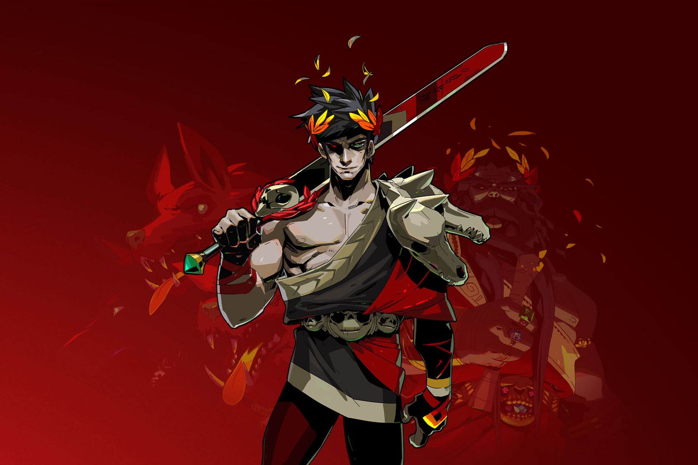 Artwork for Hades with a muscular man in ancient Greek clothing wit a crown of red, yellow, and orange laurels and a massive red sword hanging over his right shoulder.