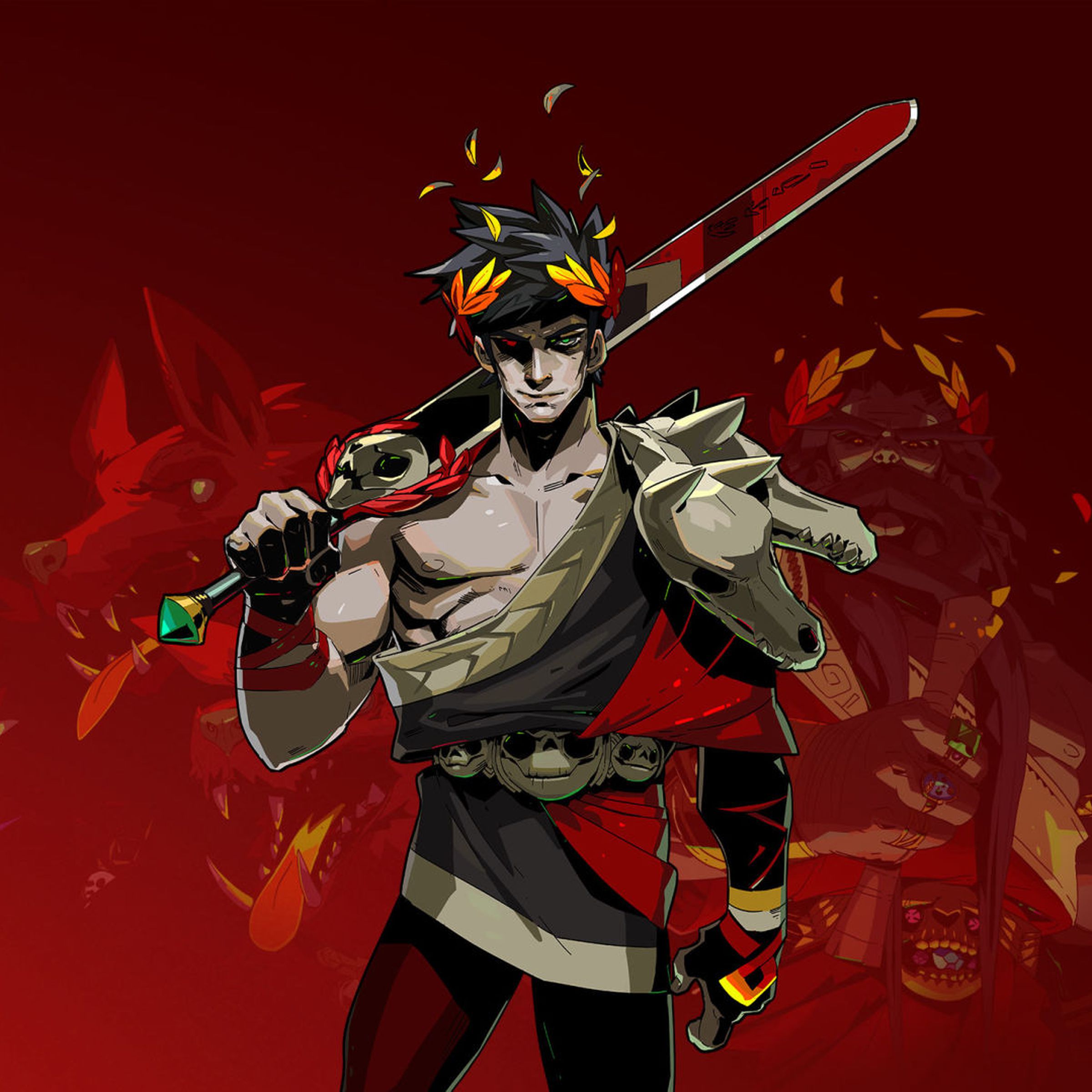 Artwork for Hades with a muscular man in ancient Greek clothing with a crown of red, yellow, and orange laurels and a massive red sword hanging over his right shoulder.
