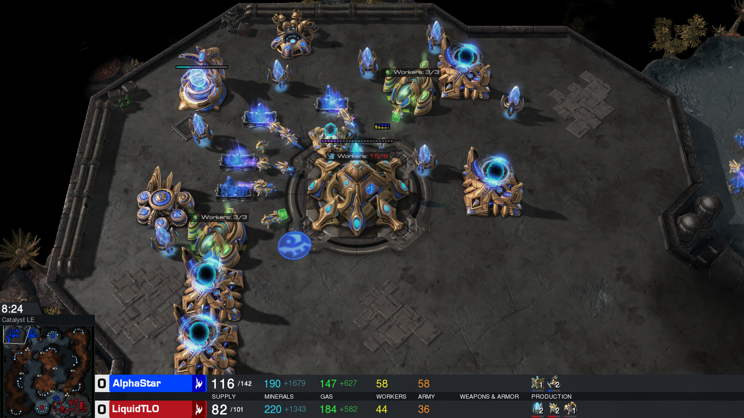 A screenshot from the games in December, showing AlphaStar facing off against TLO. 