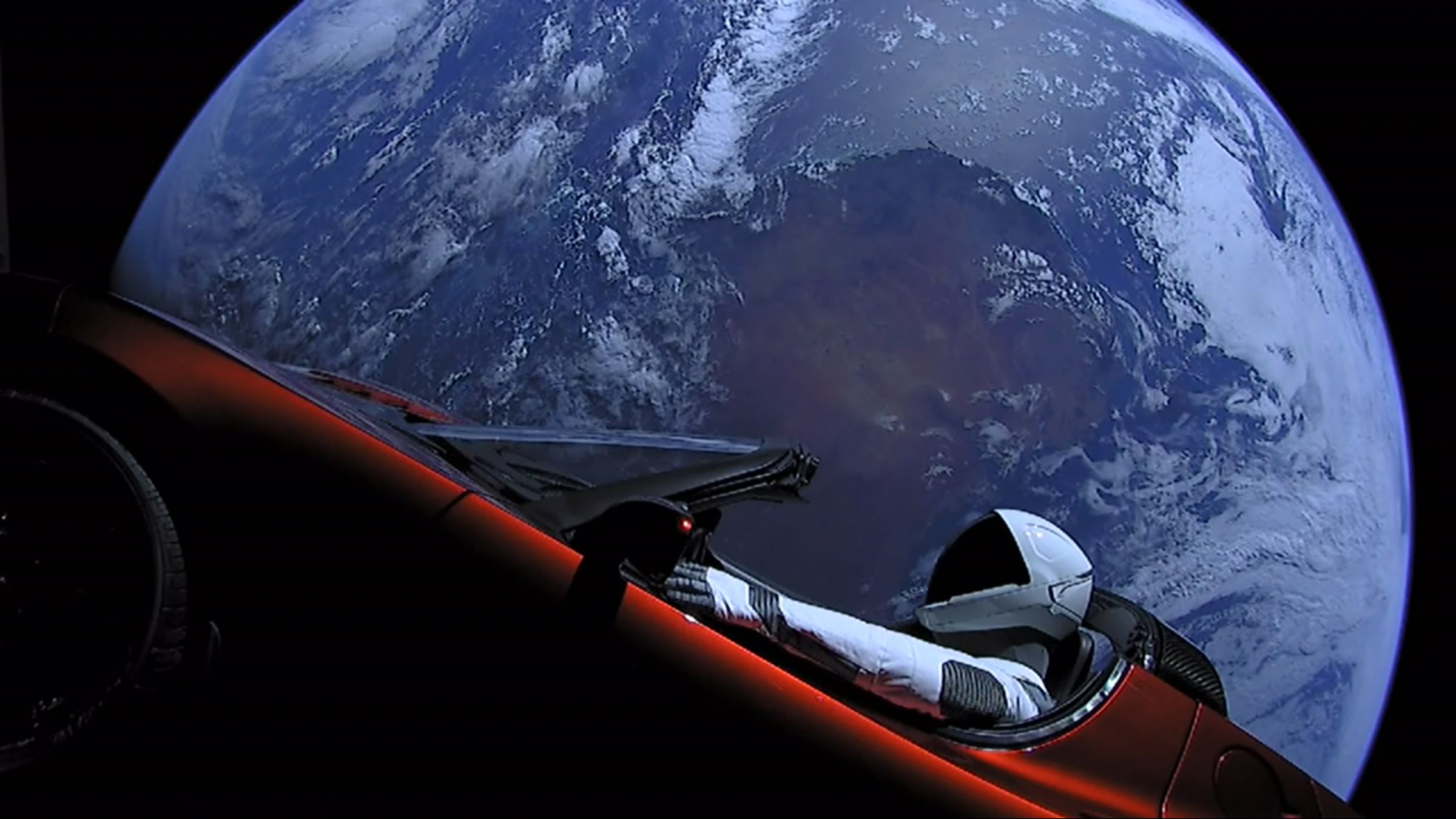 A Tesla Roadster, carrying a dummy astronaut, launched by last year’s Falcon Heavy.