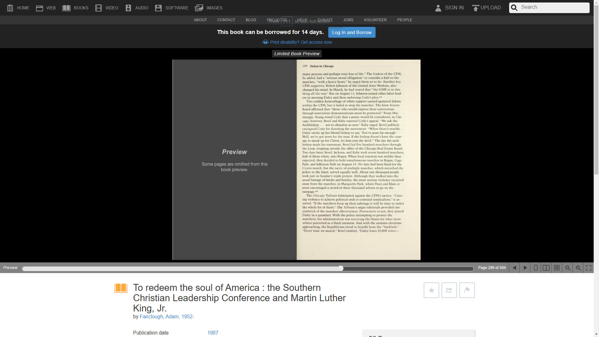 Clicking a compatible citation (for example, from Martin Luther King’s Wikipedia page), brings you to a two-page preview of the book from the Internet Archive.