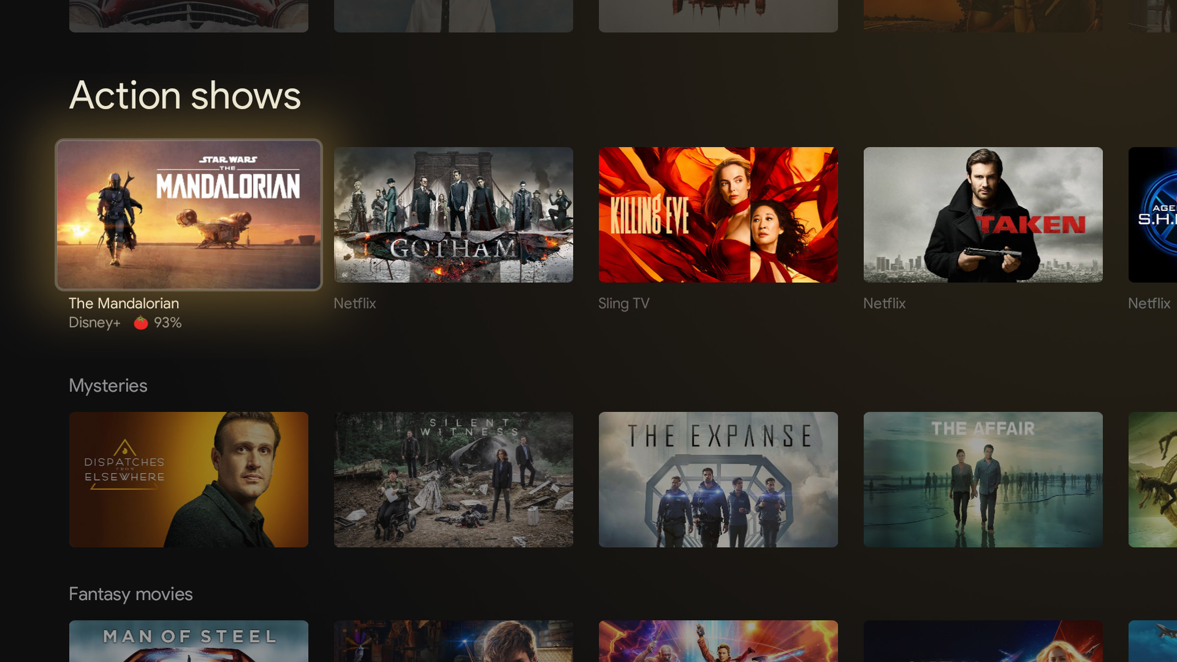 Each row on the Google TV home screen combines content from multiple streaming apps.