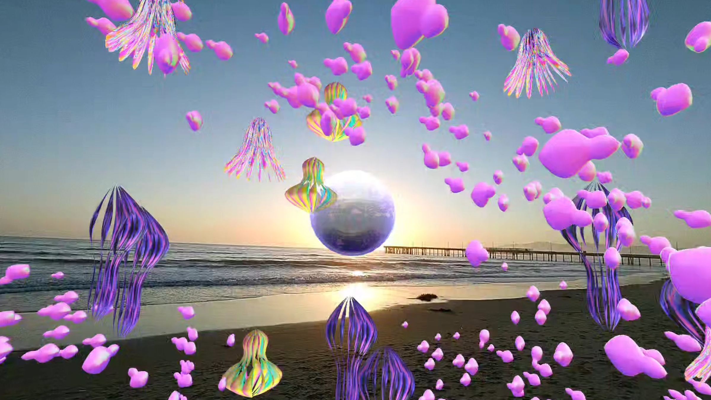 An image showing sea creatures like jelly fish floating through the air above the beach at sunset. It’s a first person view through the new Spectacles.