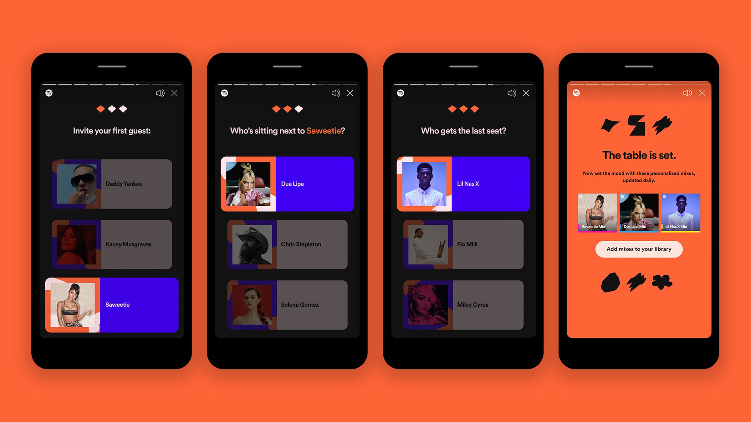 Spotify’s Your Dream Dinner Party feature lets people pick the artists they’d want at a dinner party and receive playlists in return.