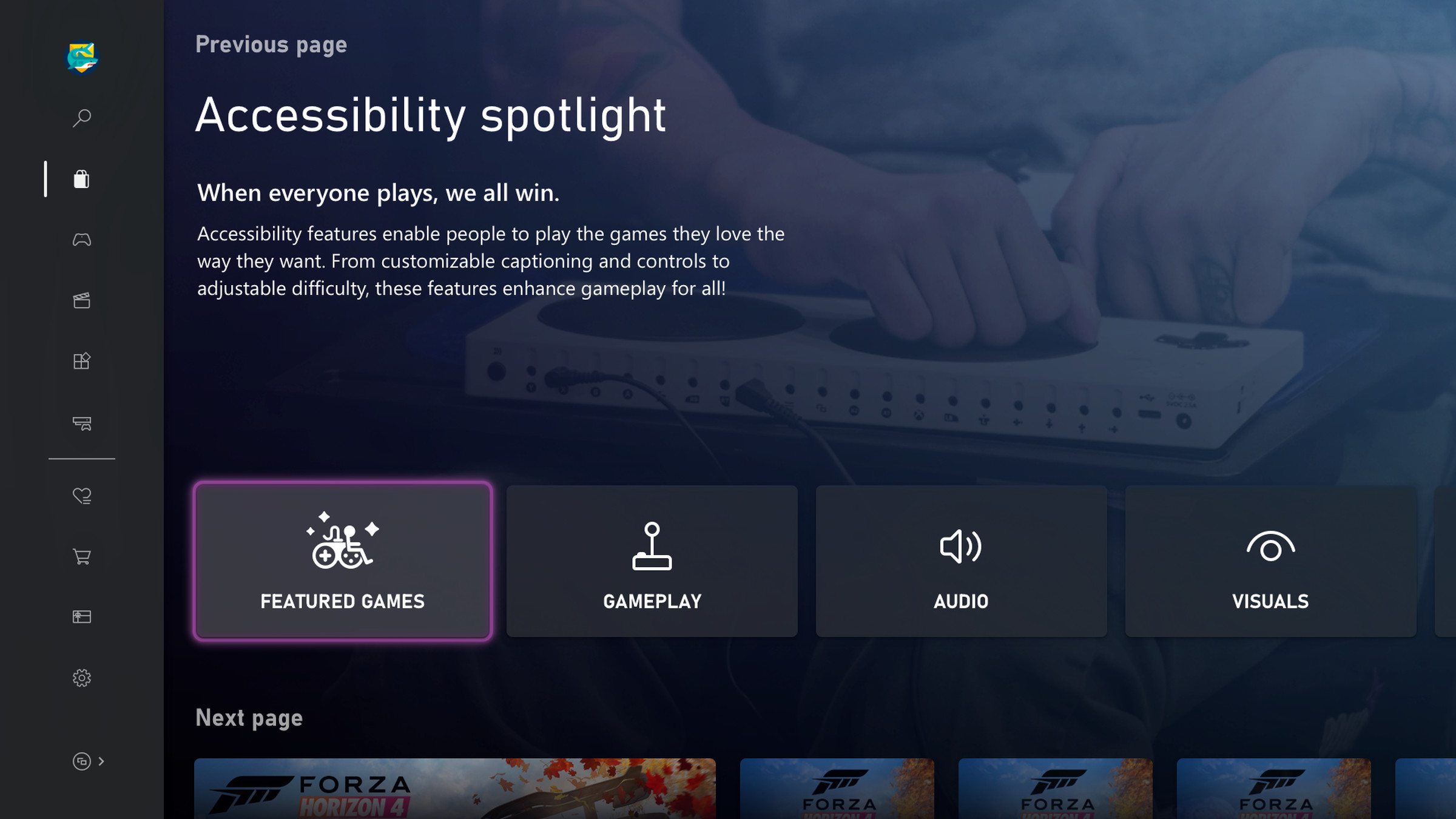 Screenshot of Microsoft store titled “Accessibility spotlight” showing categories for featured games, gameplay, audio, and visual features. 
