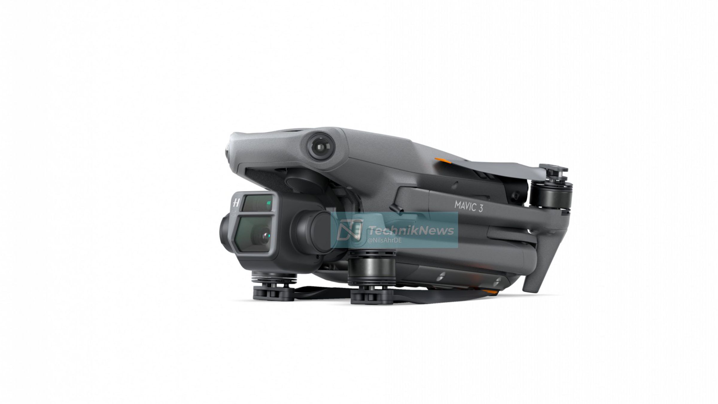 The Mavic 3 in its folded-up state, with its dual cameras.