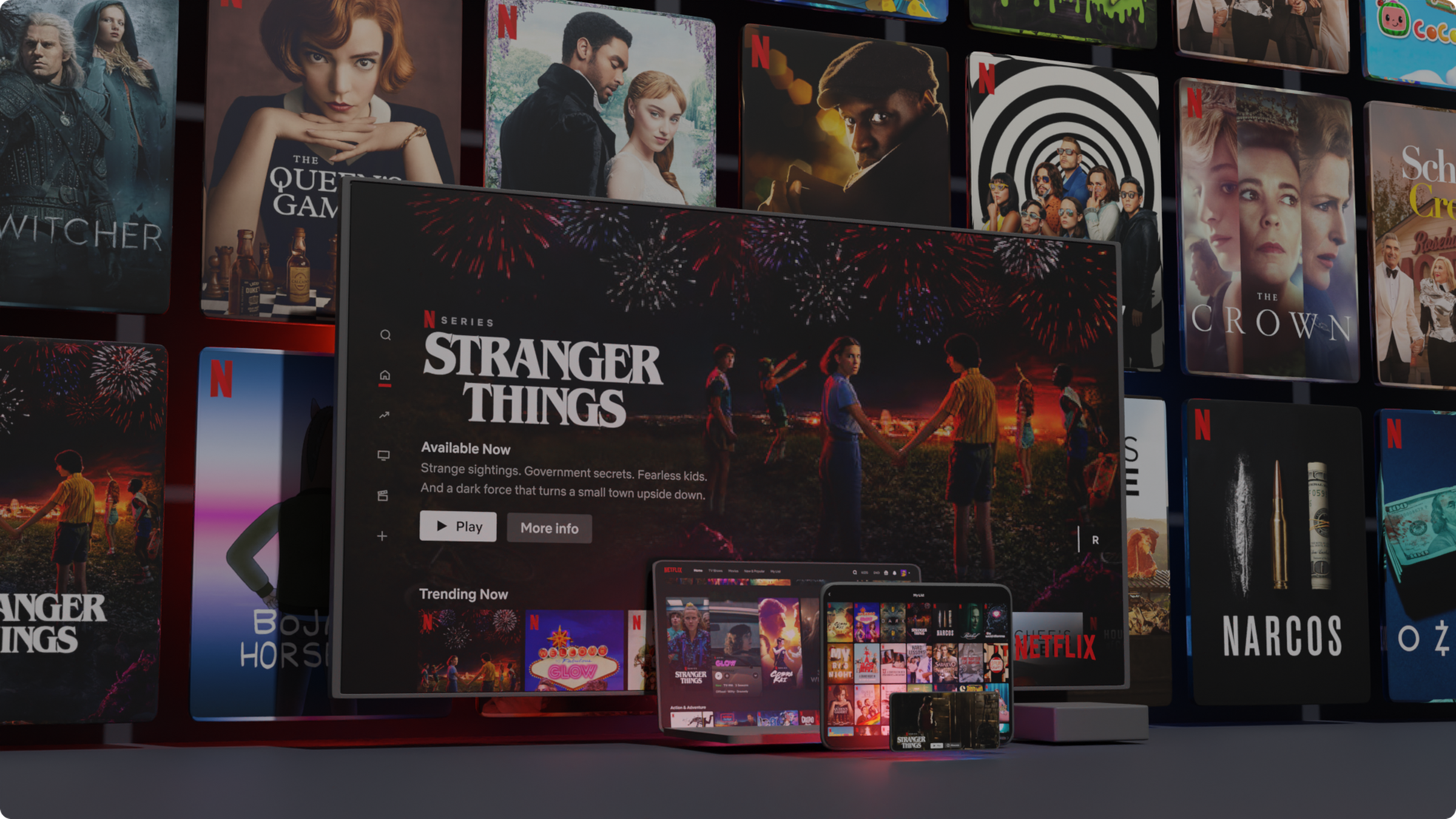 An assortment of screens displaying Netflix’s content like Stranger Things, The Queen’s Gambit, and The Umbrella Academy.