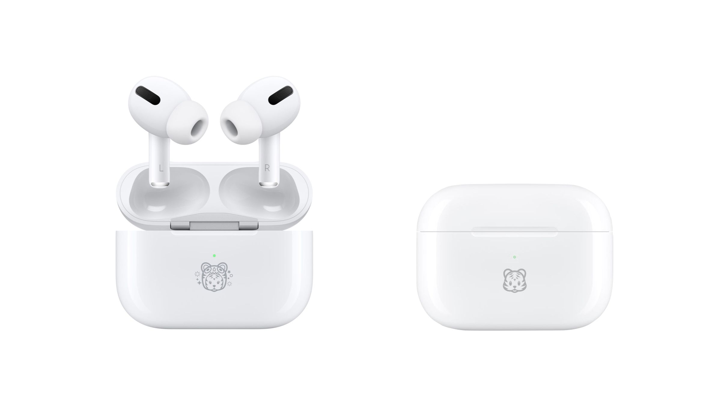 New special edition Year of the Tiger AirPods on the left comparing to AirPods Pro with a regular tiger emoji on the right.