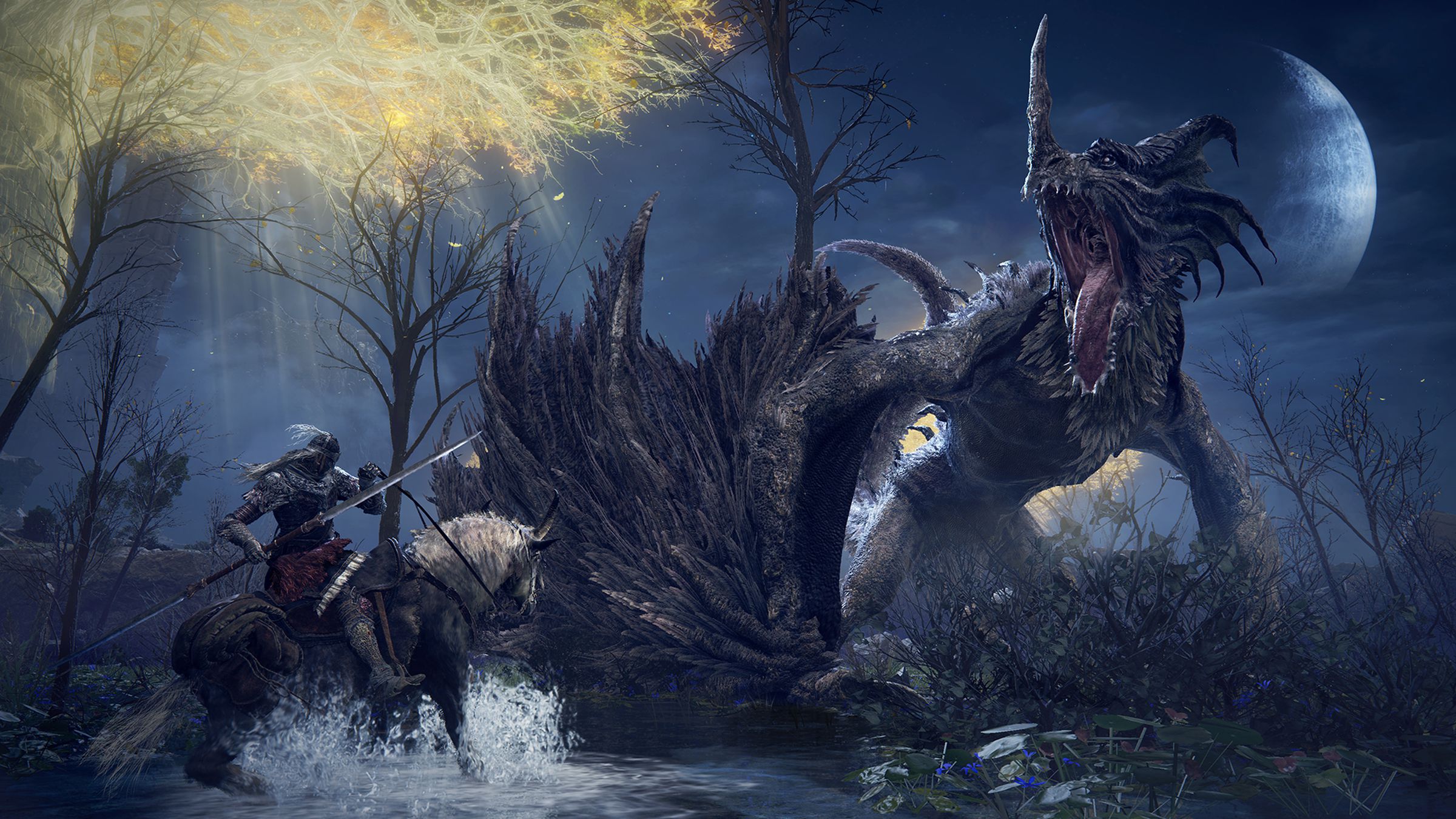 A screenshot of a character fighting a beast from the game Elden Ring.