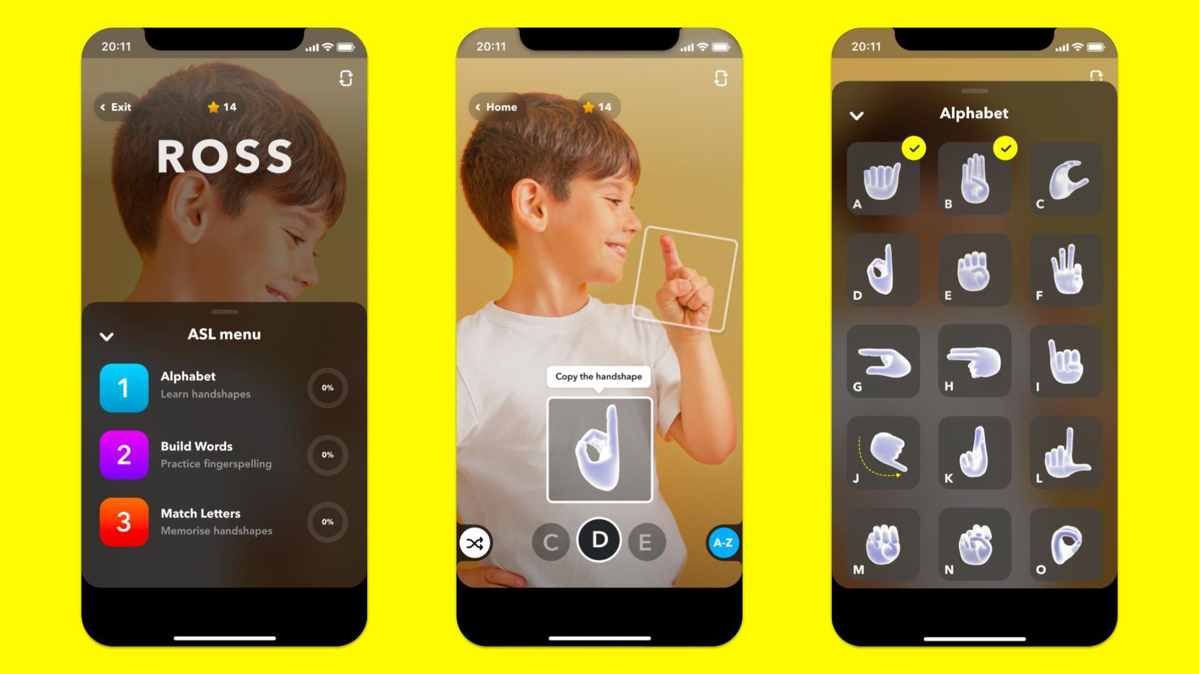 Screenshots from the ASL Alphabet Lens app.
