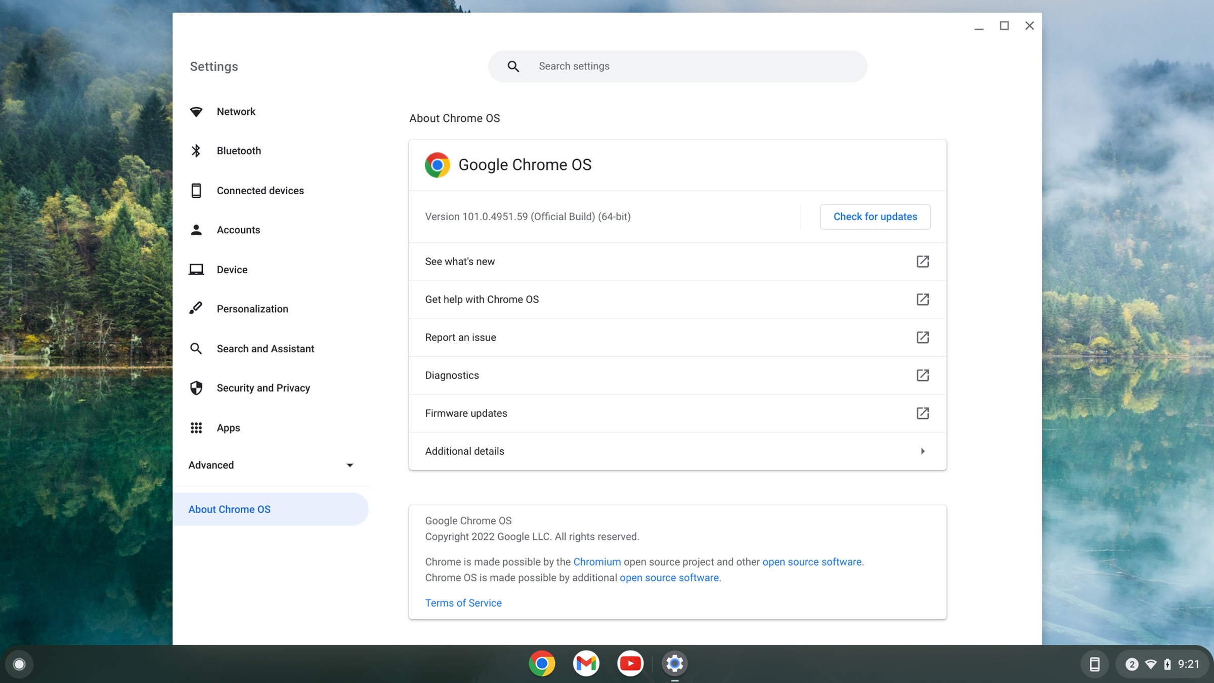 About Chrome OS menu
