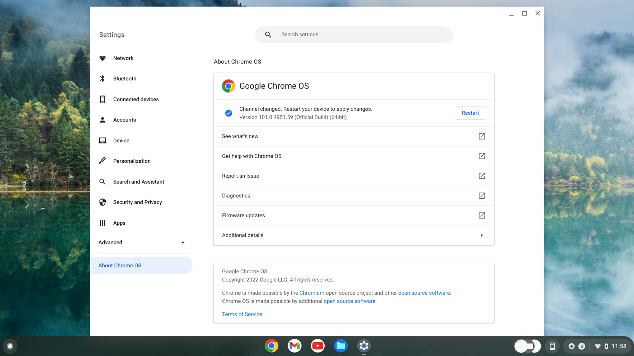 About Chrome OS page with Restart button