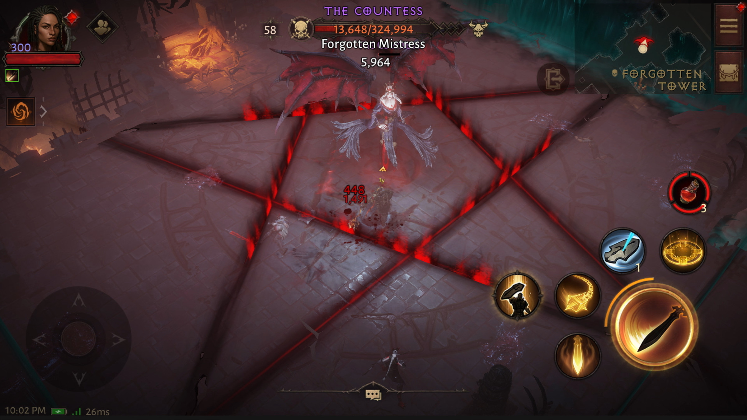 Screenshot of Diablo Immortal featuring The Countess boss who surrounds the battle arena with a bloody pentagram.