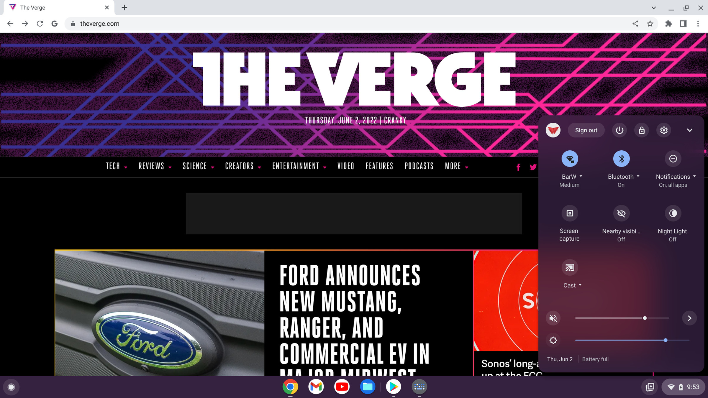 The Verge website with the Quick Menu popup on the side