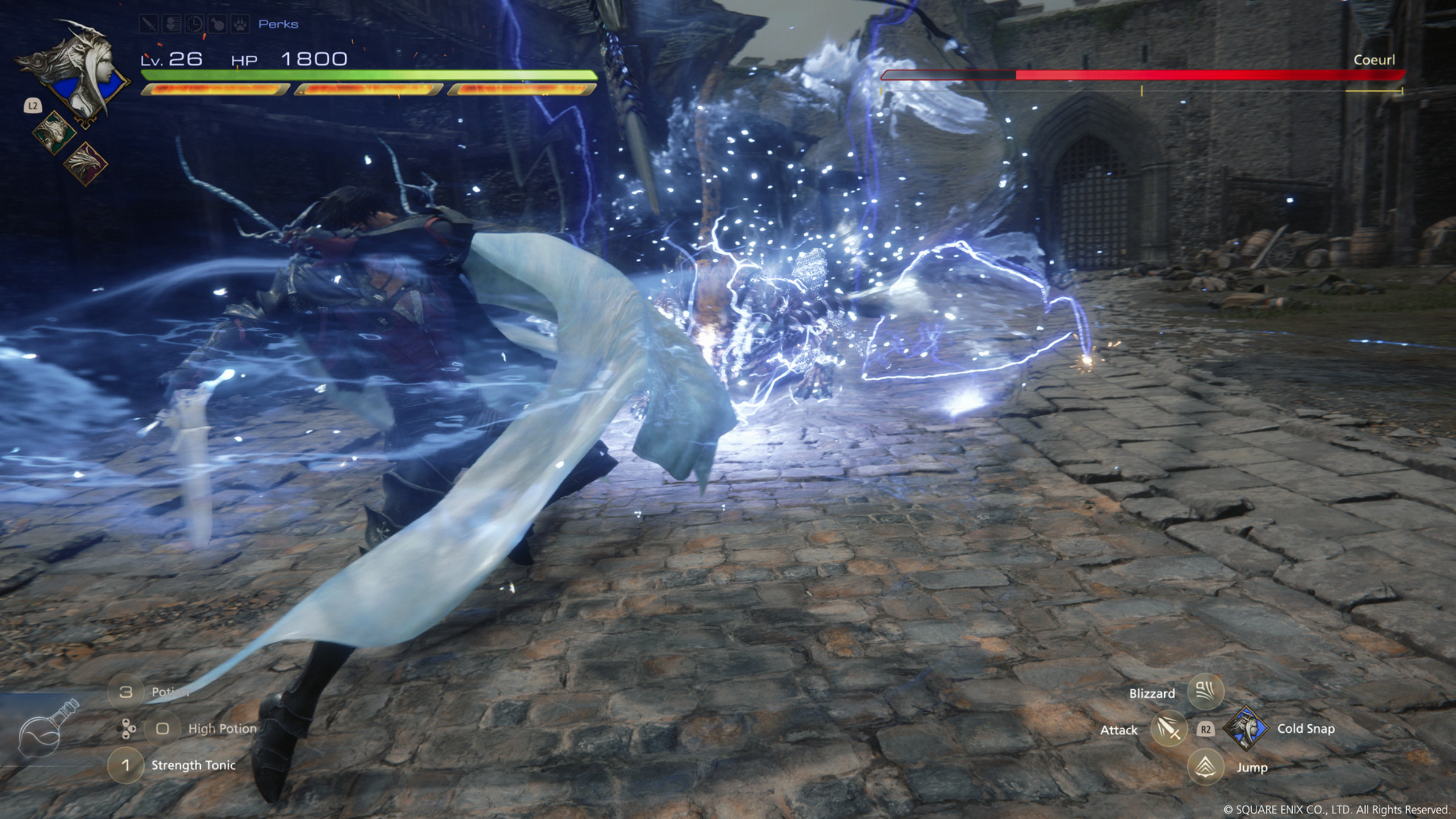 Screenshot of Final Fantasy XVI gameplay featuring blurs of magical particle effects hitting an enemy as an example of using the Eikon Shiva’s ice powers.