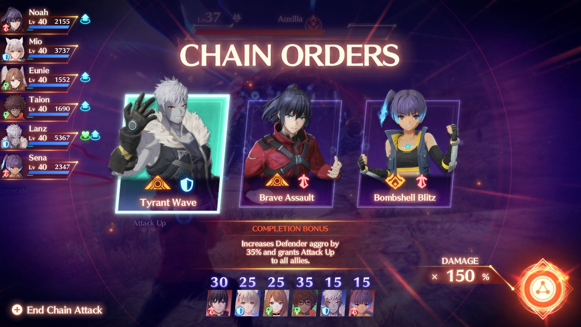 Screenshot from Xenoblade Chronicles 3 of the chain attack system featuring three large portraits of heroes signifying different chain attacks over smaller portraits that fill up a chain meter.