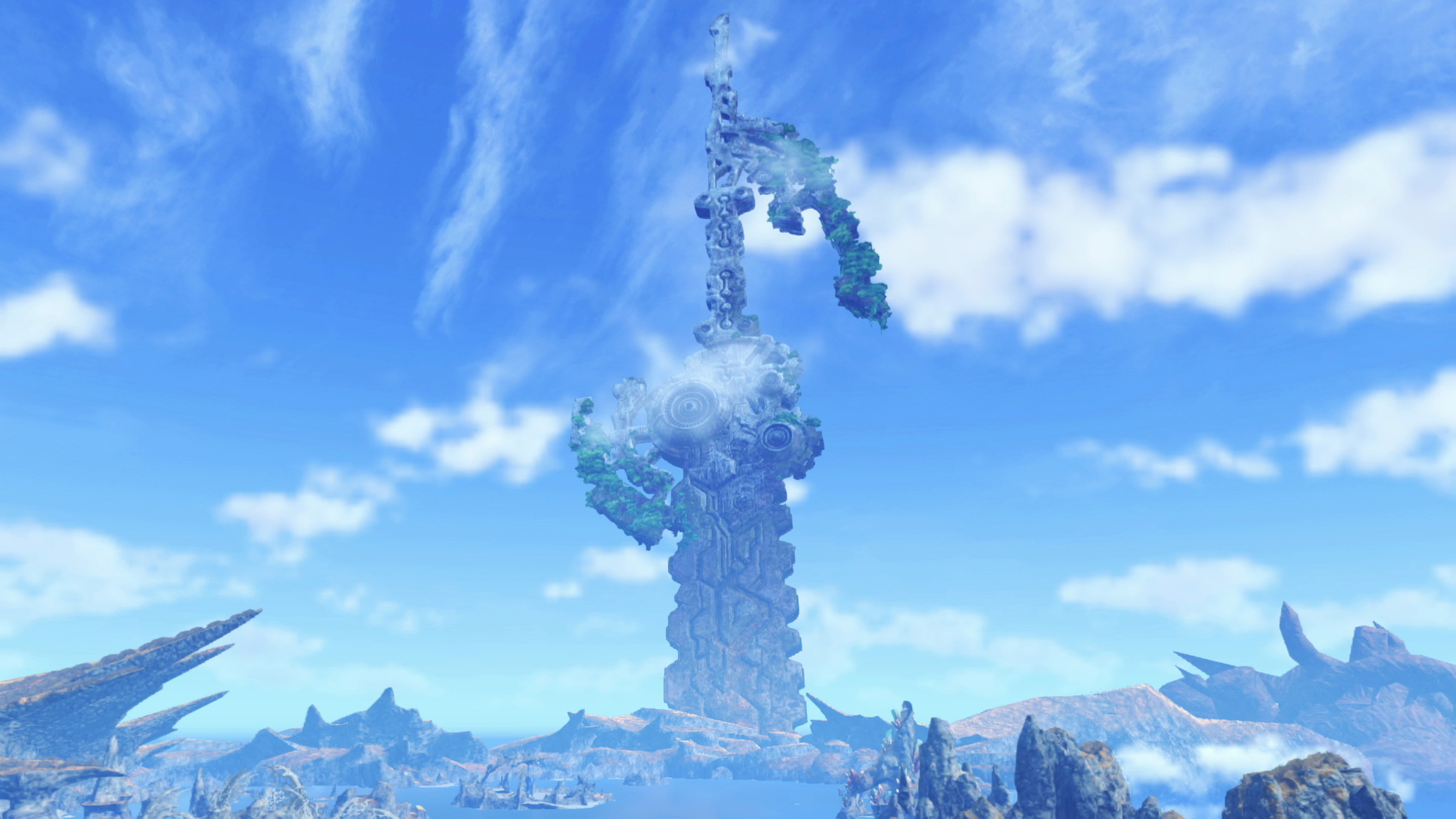 Screenshot of Xenoblade Chronicles 3 featuring the massive Xenoblade sword mountain far off in the distance.