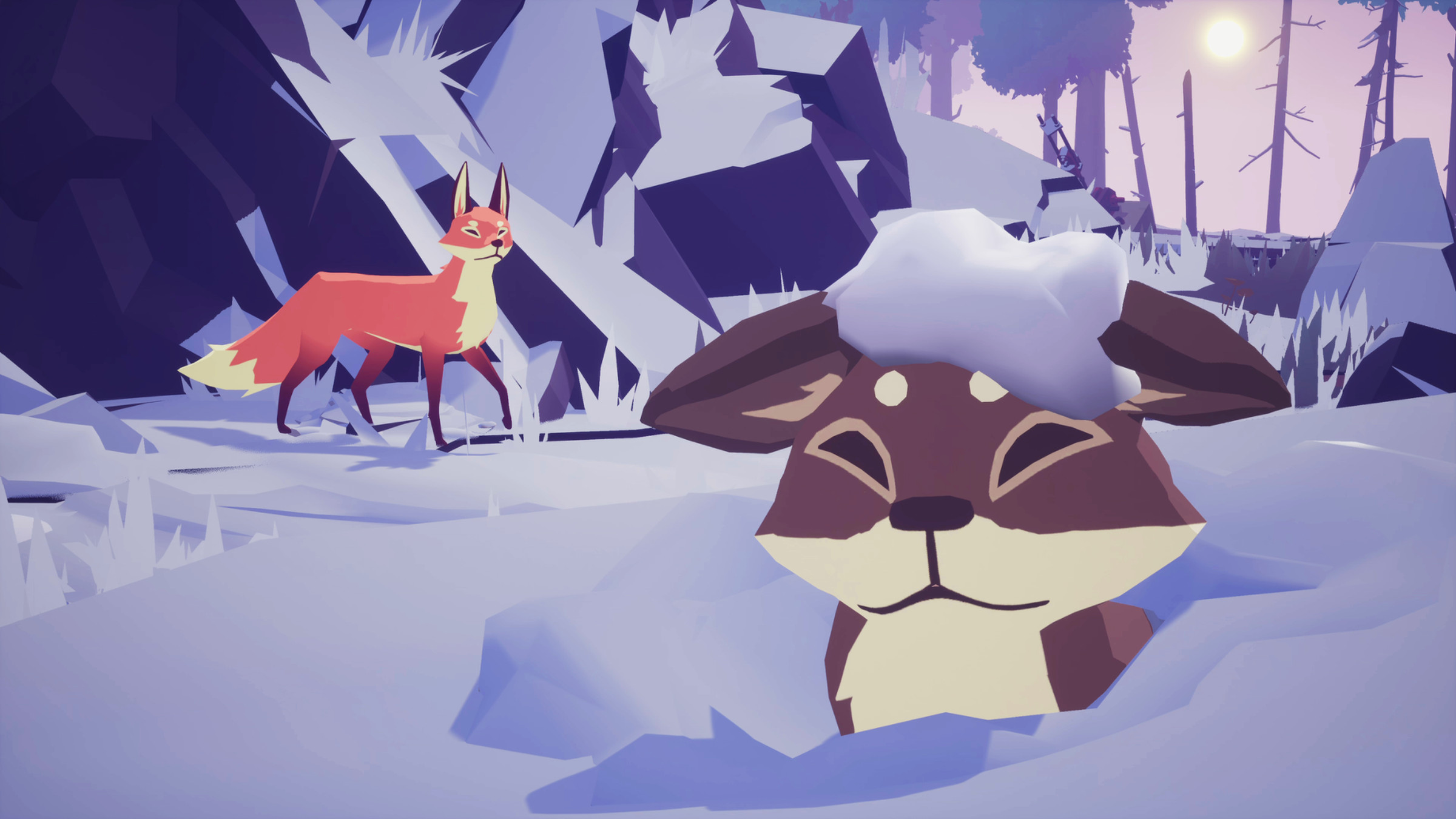 Screenshot from Endling - Extinction is Forever featuring a young brown fox cub playing in a snow bank with two white circles above its eyes with a clump of snow on its head as its mother looks on vigilantly.