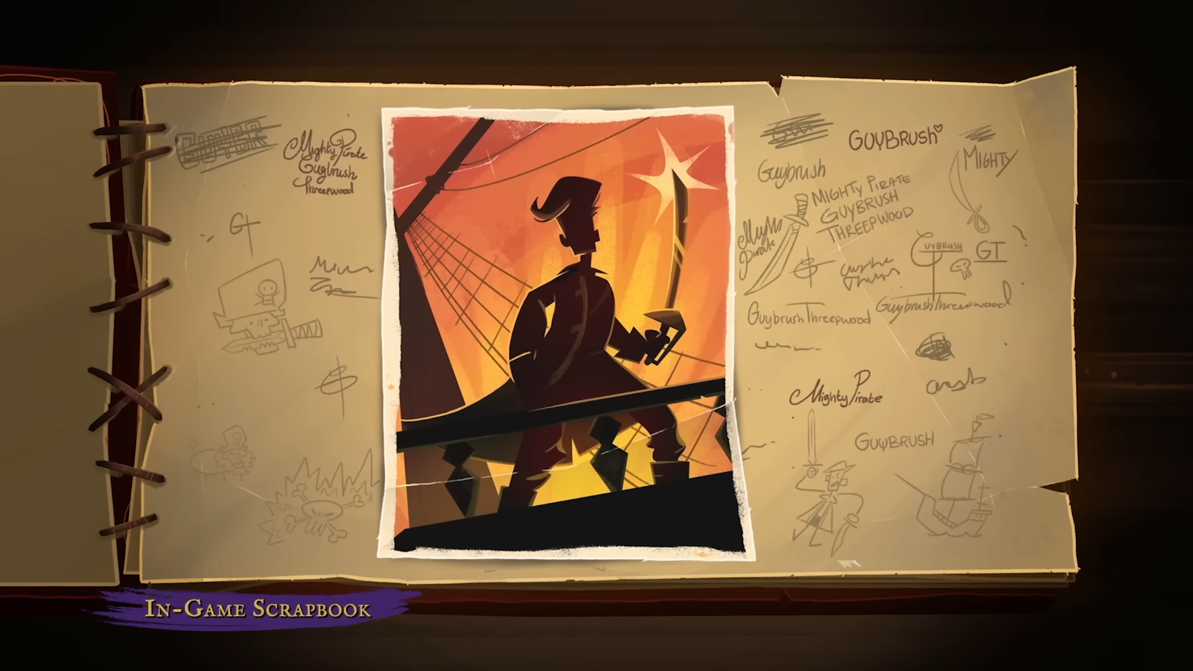A digital scrapbook opens on a page with a photo of Guybrush Threepwood, the protagonist of the Monkey Island series, standing on a pirate ship with a cutlass in hand. Around the photo are doodle and scribbles that appear to be from Threepwood himself.