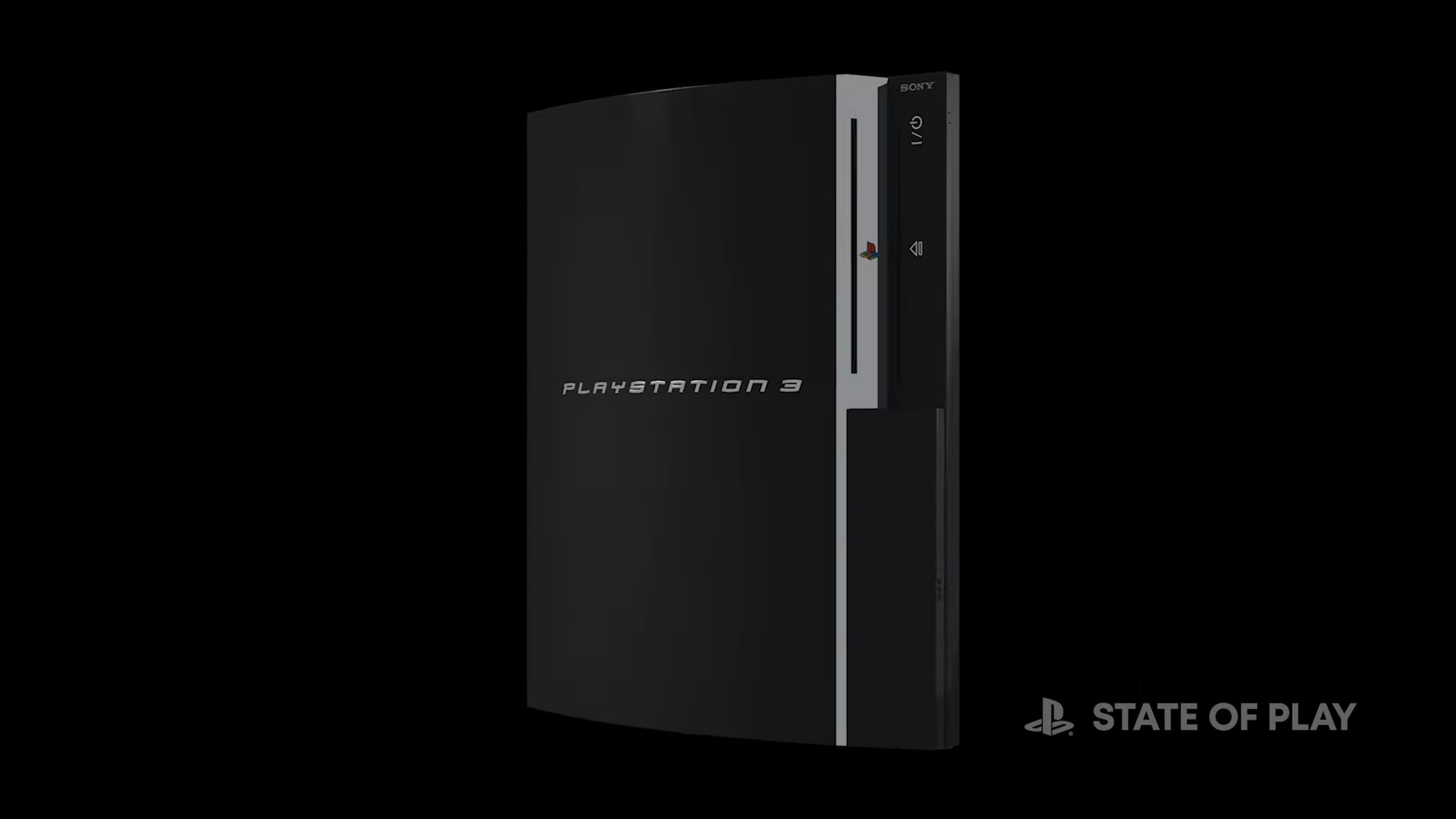 A digital representation of a PS3 is set on a black background.