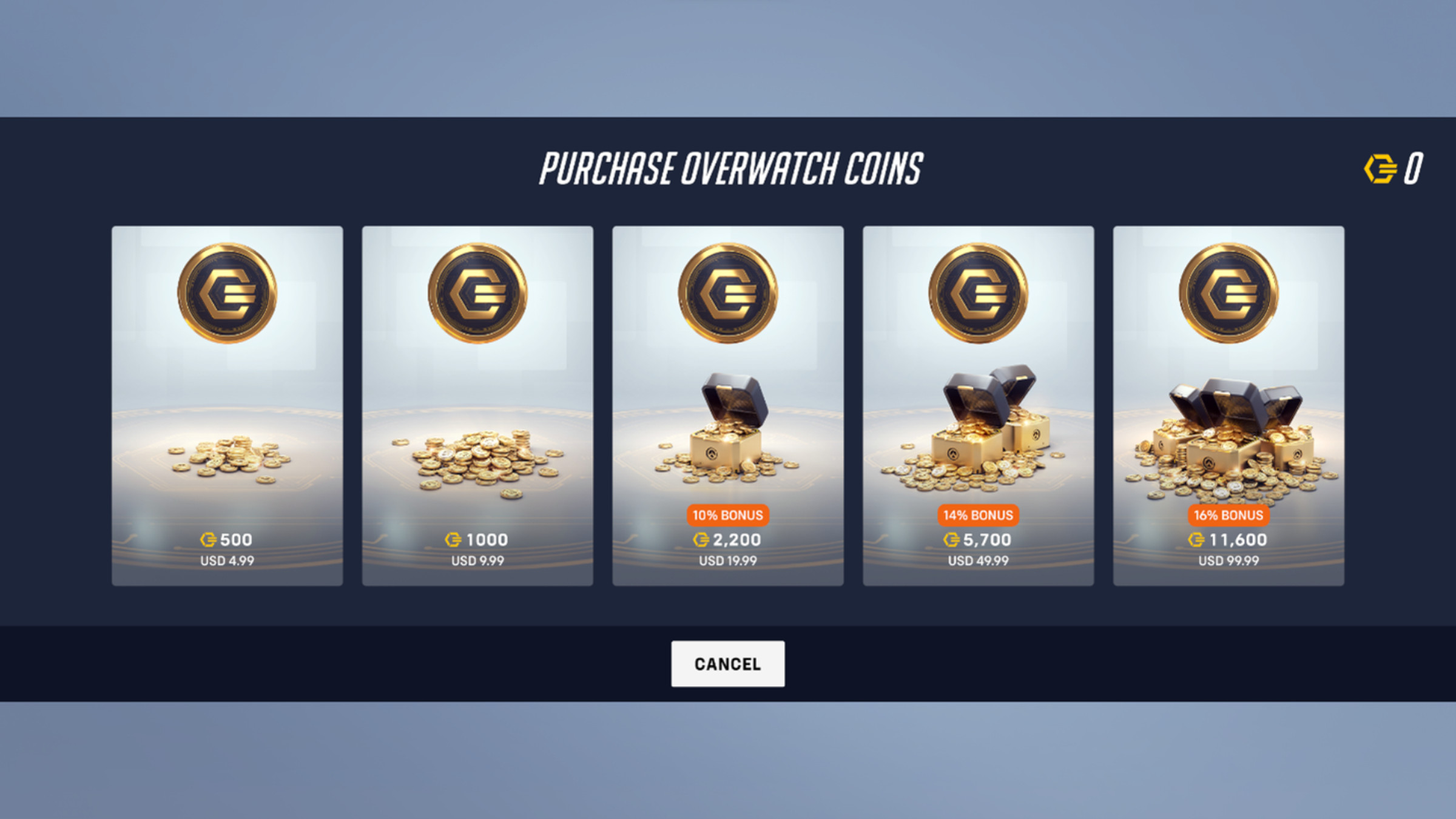 Screenshot of the Overwatch 2 cash shop selling Overwatch Coins the new in-game currency at various price points