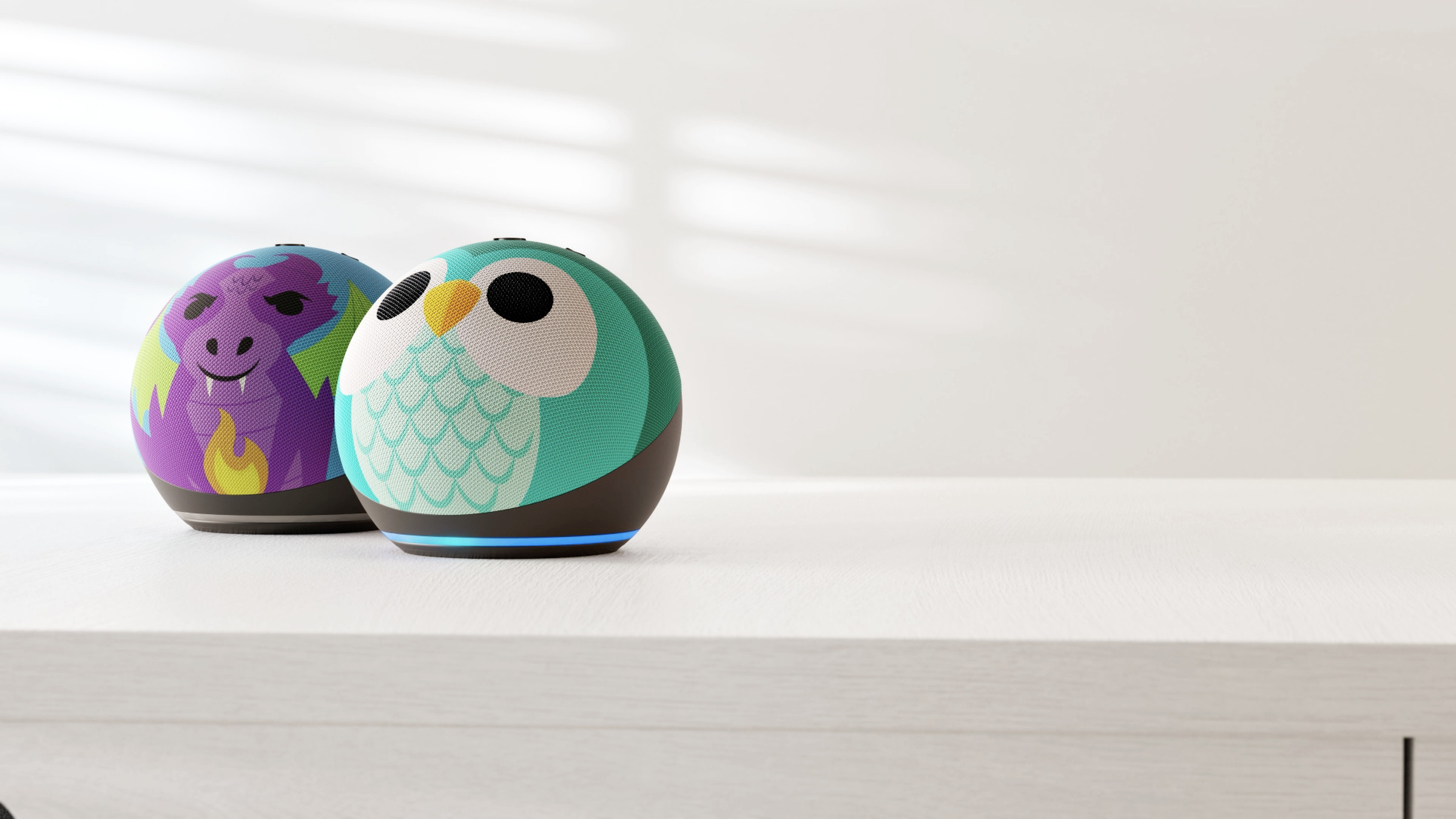 New Echo Dot Kids in owl and dragon designs.