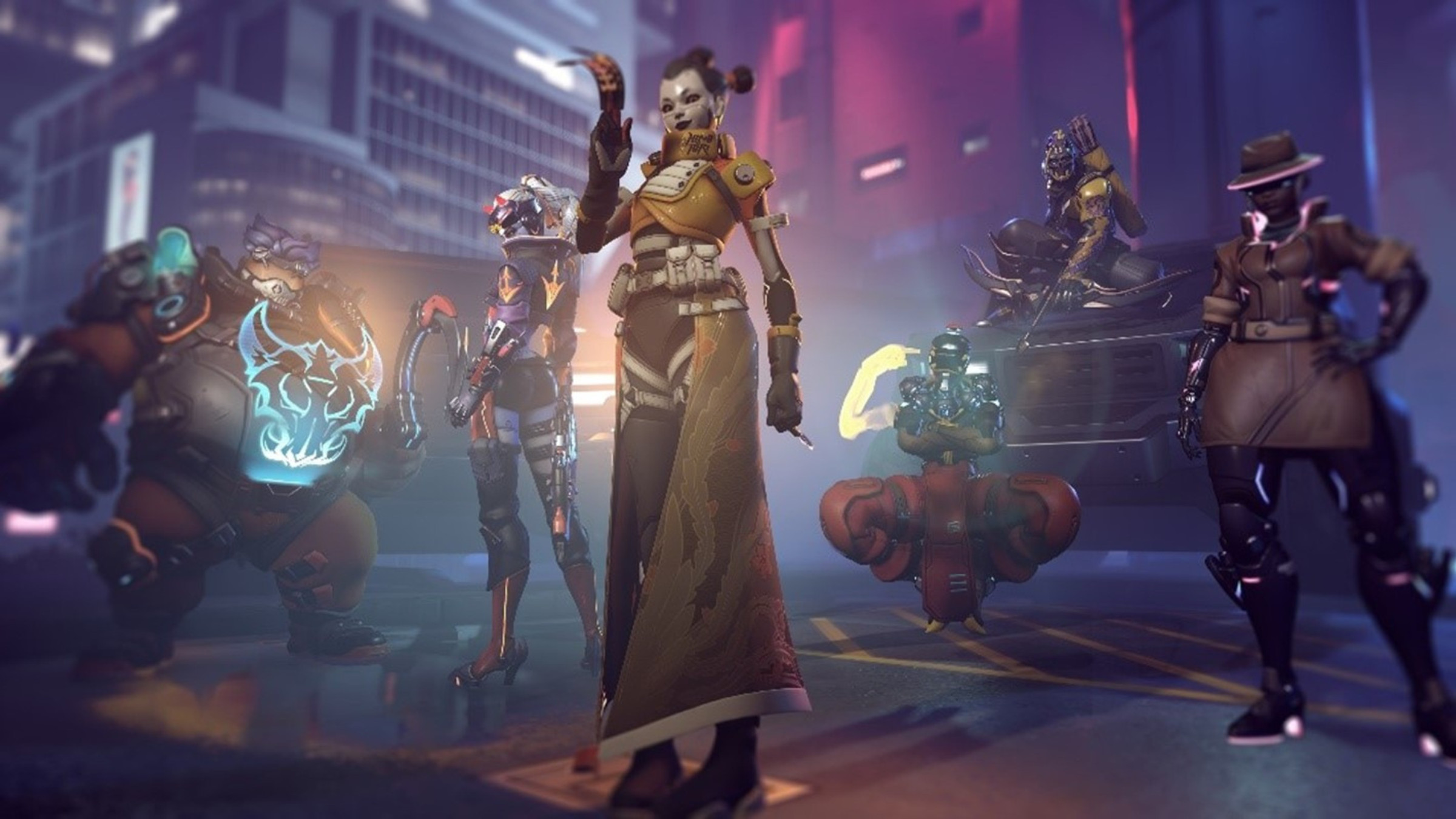 Screenshot from Overwatch 2 highlighting Season 1’s cyberpunk theme featuring several Overwatch heroes bedecked in futuristic cyberpunk outfits