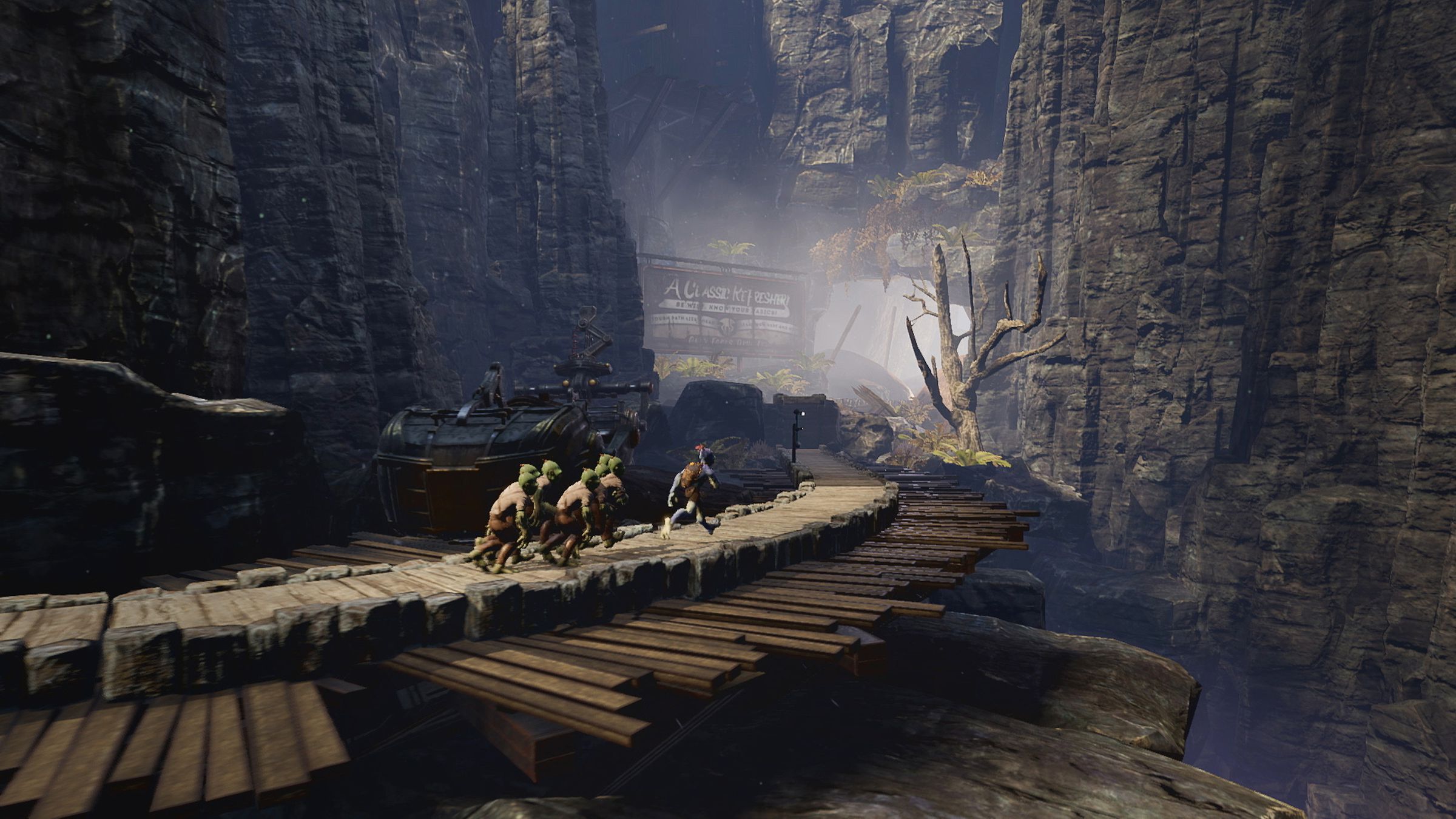 Screenshot from Oddworld: Soulstorm in which a blue skinned bulbous headed alien named Abe leads his fellow green-skinned mudokons out of a lush canyon to freedom