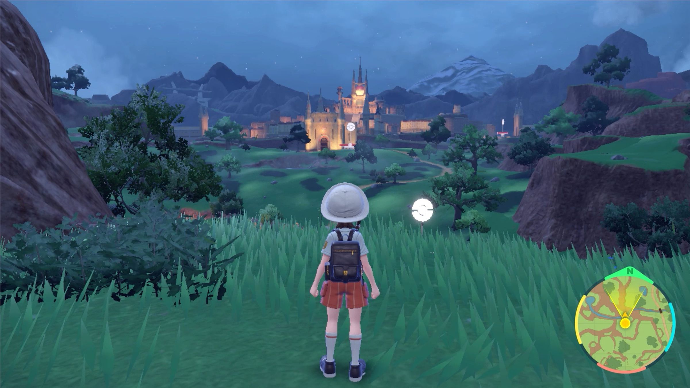 A pokémon trainer looking out over a scenic vista where a castle’s viewable in the distance.
