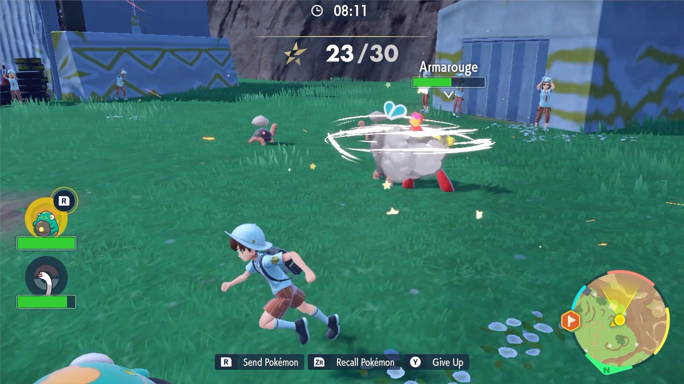 A pokémon trainer running across a field where there are tents set up. In the background, three smoke-breathing tortoises are fighting with a humanoid lighter.