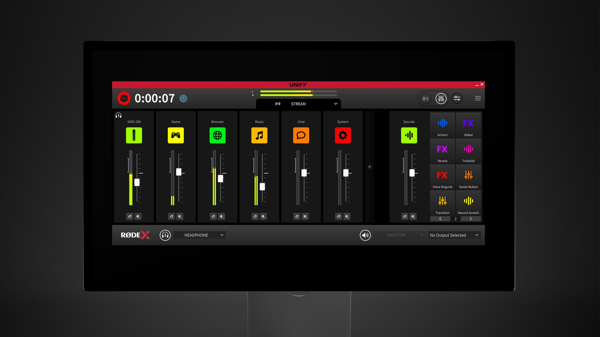 Rode X’s Unify audio mixing software as it would appear on a desktop computer.