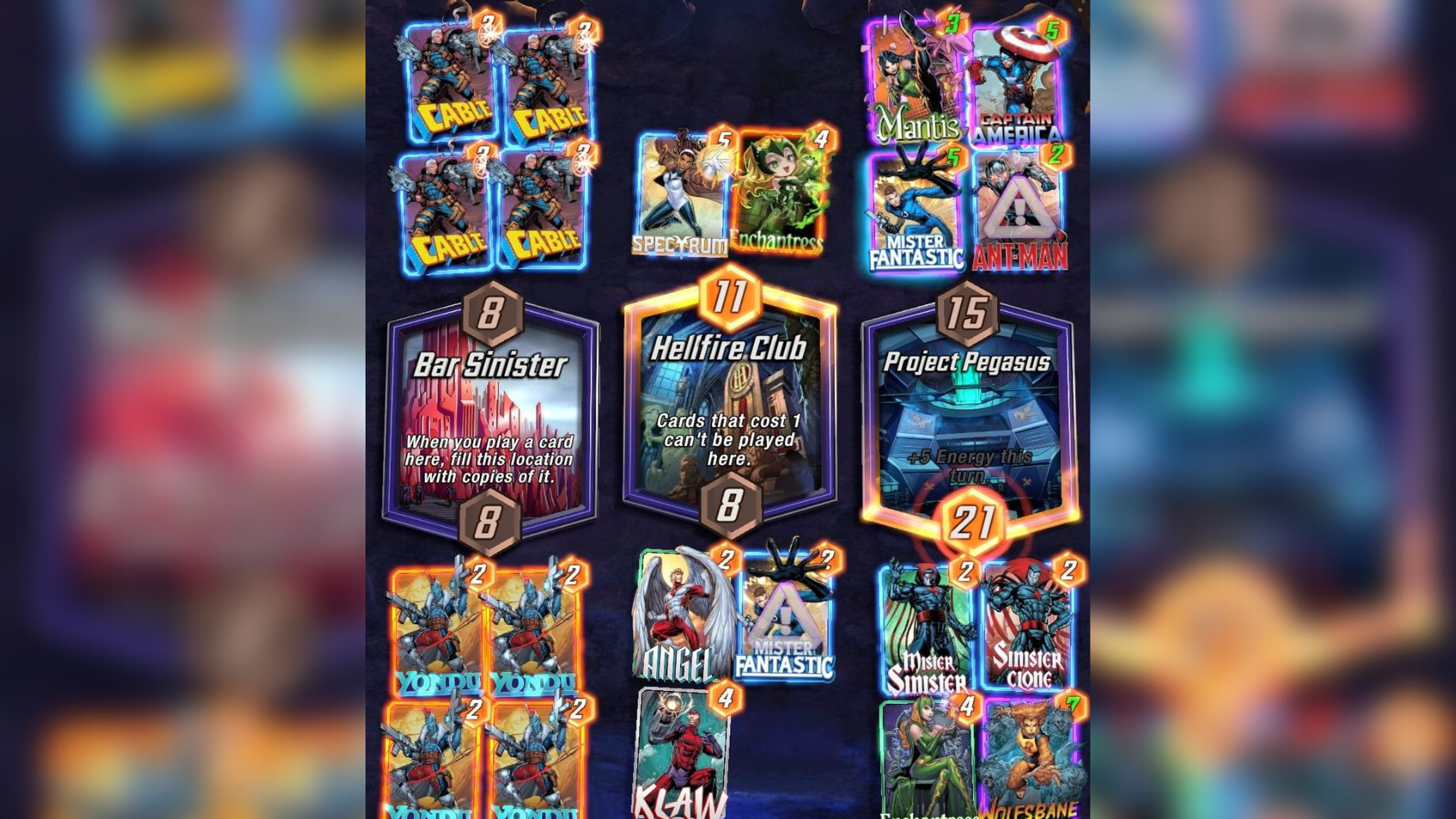Screenshot of the gameplay from Marvel Snap featuring three locations with different effects surrounded on both sides with spaces for up to for cards